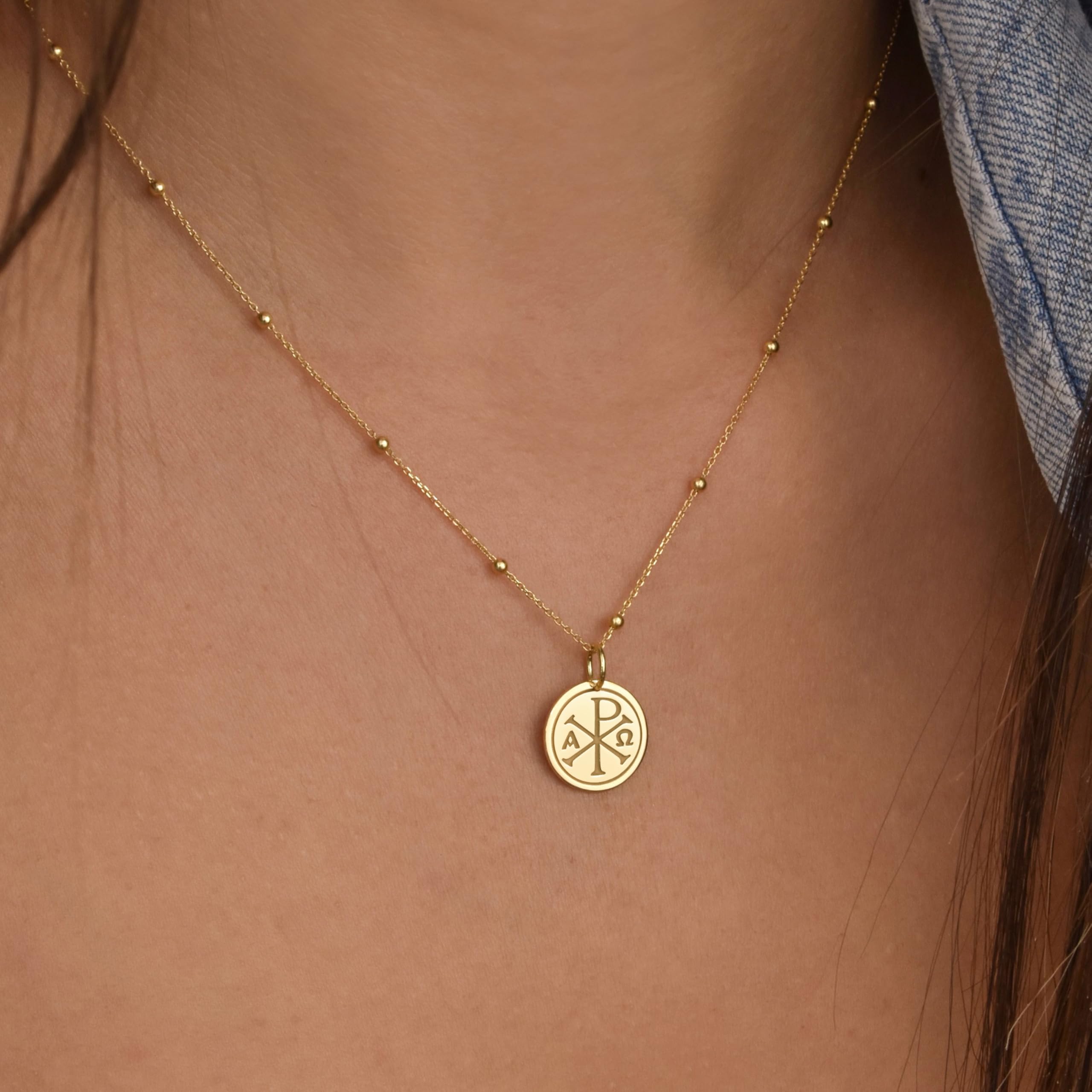 14K Gold Chi Rho Necklace - Personalized Christian Pendant with Greek Orthodox Cross Coin | Religious Jewelry for Baptism Gift & Spiritual Protection | Perfect for Church, Weddings, and Faith-Based Occasions