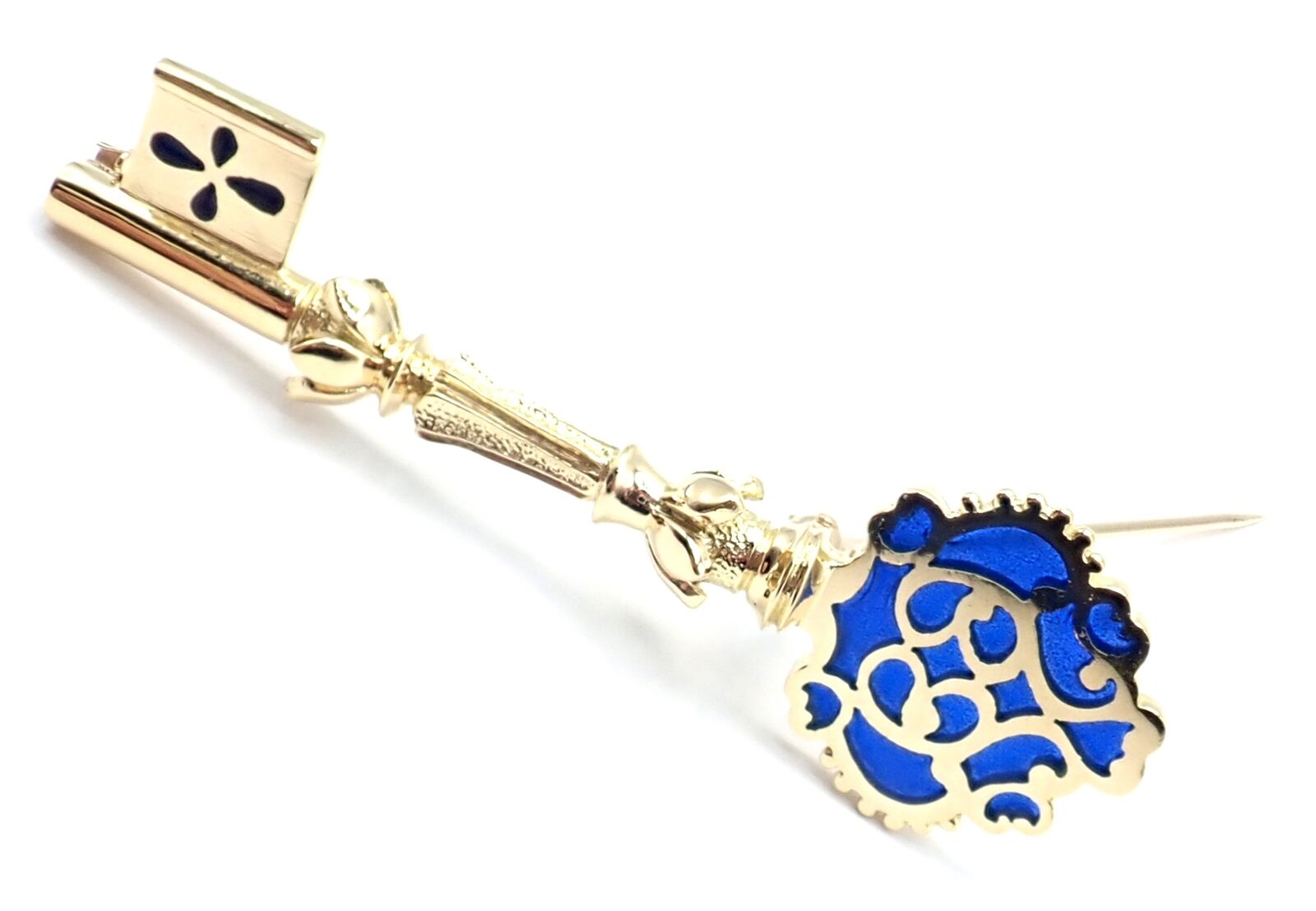 Authentic Vintage Mikimoto 18k Yellow Gold Blue Enamel Key Brooch Pin - Elegant Jewelry Gift for Women, Perfect for Weddings, Parties & Special Occasions