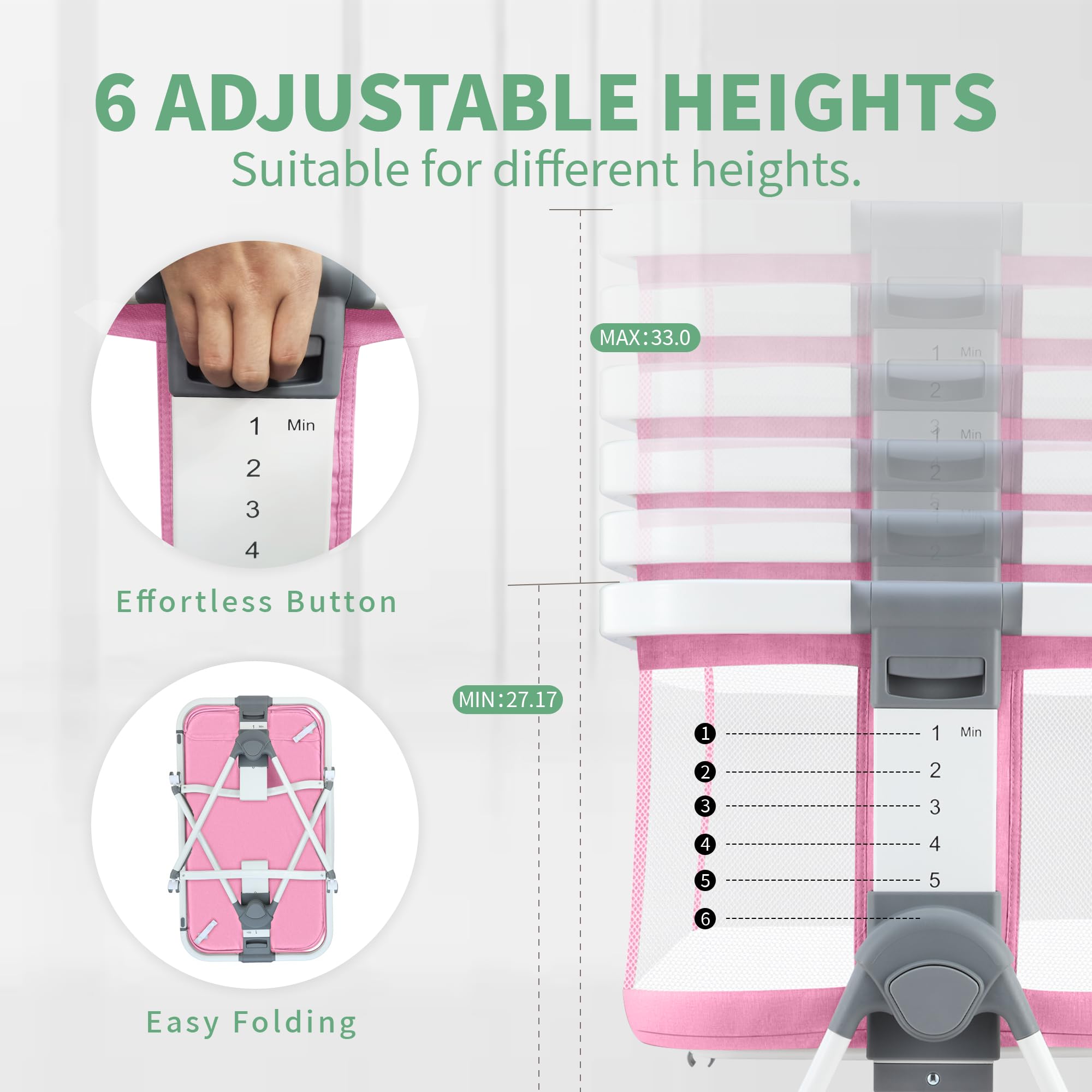 JMMD 3-in-1 Adjustable Baby Bassinet Bedside Sleeper - 6 Height Levels, Foldable & Portable Crib for Newborns & Infants (Pink) | Perfect for Nursery, Bedroom Co-Sleeping & Travel