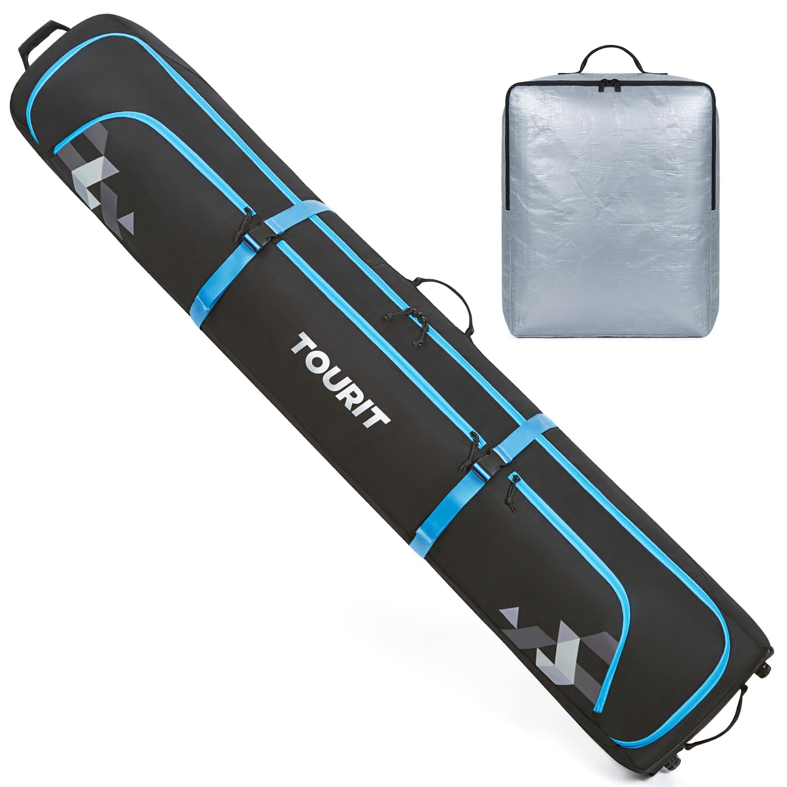 TOURIT Rolling Ski Bag and Boot Bag Combo - Waterproof 900D Oxford Fabric, Padded Wheeled Ski Bag for Air Travel, Holds 2 Pairs of Skis (195cm) - Perfect for Ski Trips, Mountain Vacations & Winter Sports Gear Storage