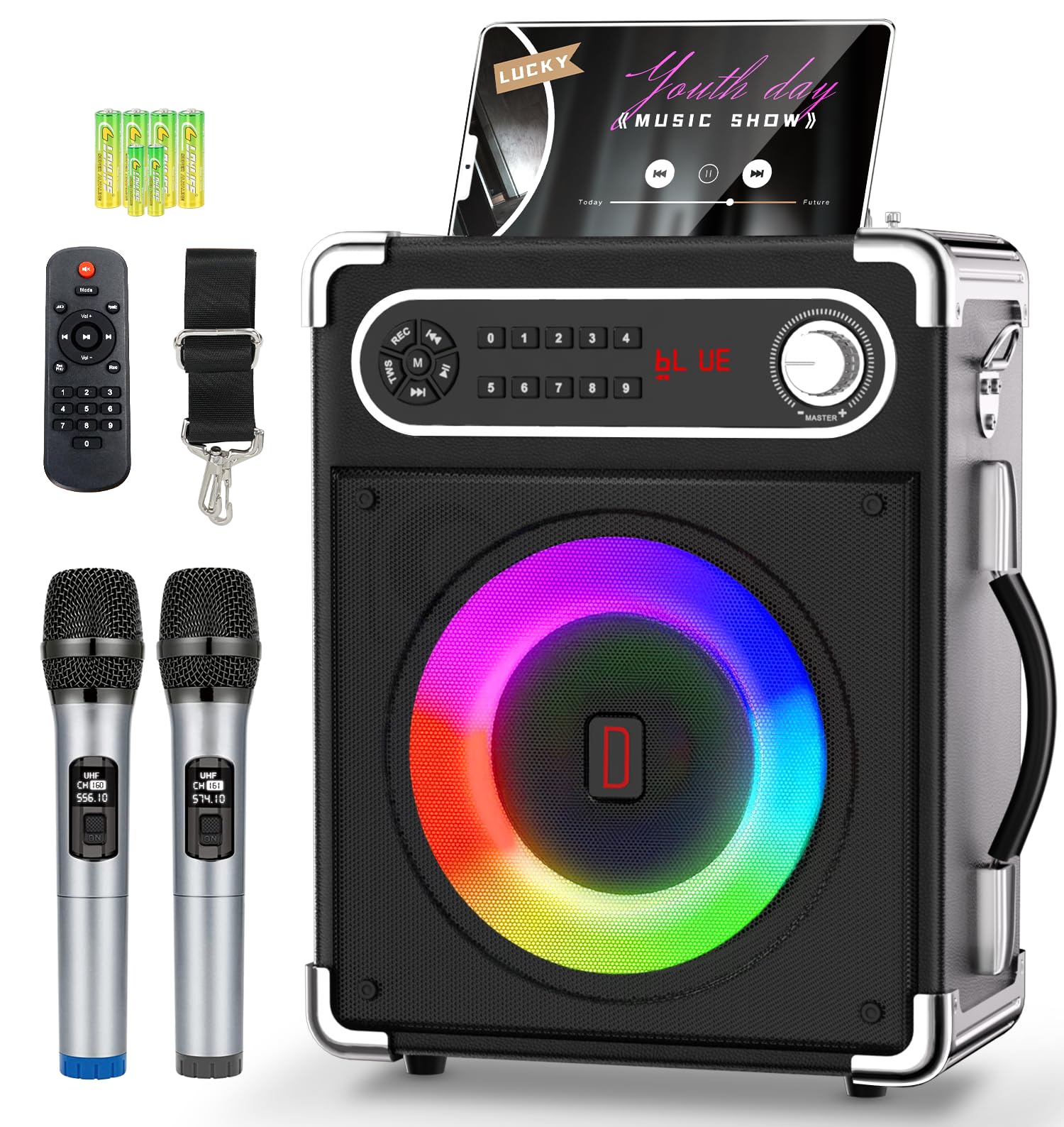Portable Karaoke Machine with 2 Wireless Microphones - Bluetooth 5.1 Speaker for Adults & Kids, Bass/Treble Control, PA System with Remote, LED Lights, TF Card/USB/AUX/FM Support - Perfect for Home Parties, Birthday Celebrations & Family Gatherings
