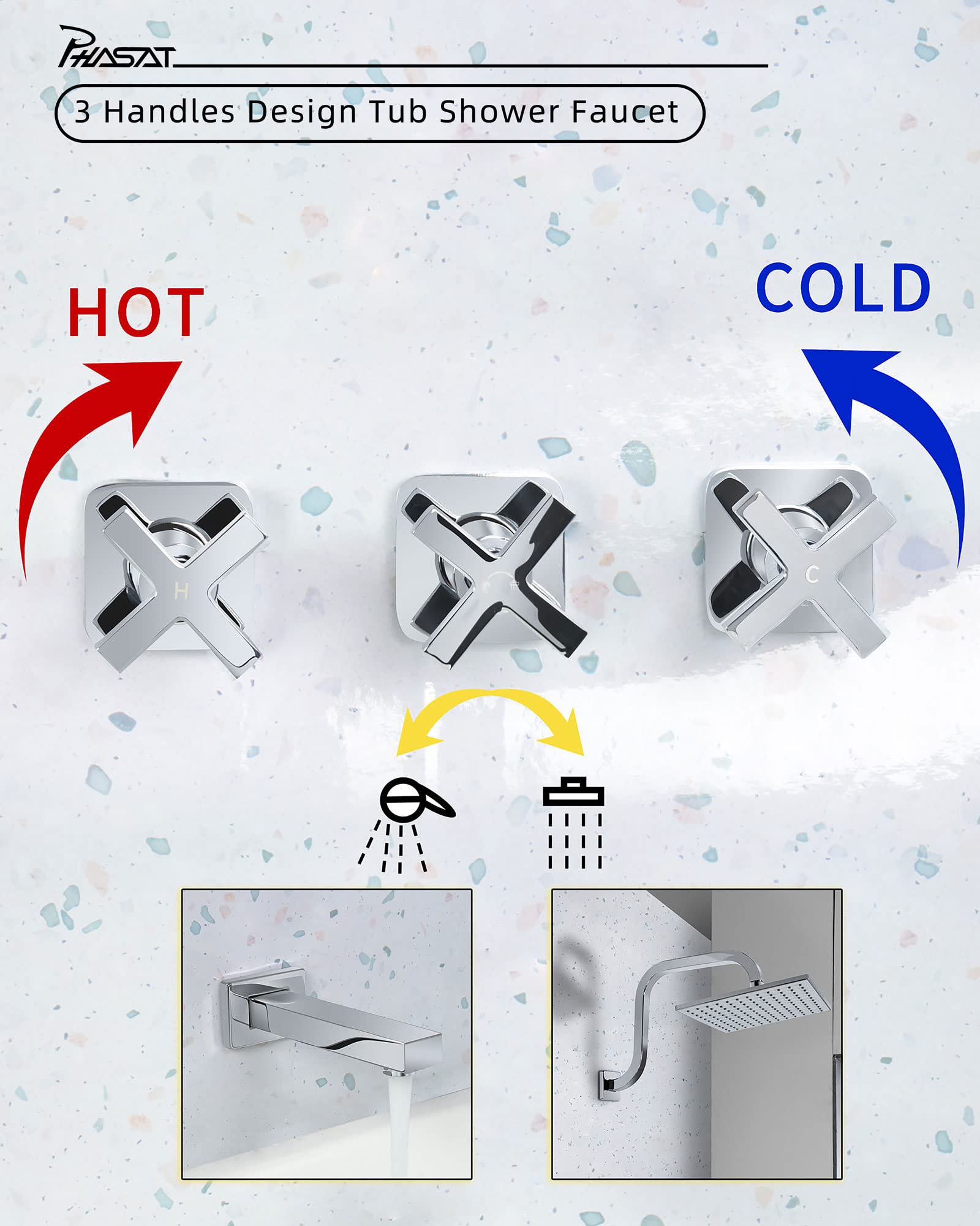 PHASAT 3-Handle Tub and Shower Faucet Set with 9