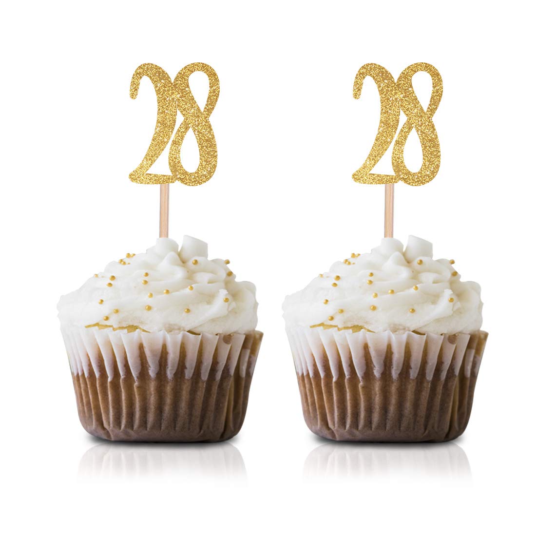 Gold Happy 28th Birthday Cupcake Toppers - 24-Pack Glitter Number 28 Cake Decorations for Birthday Parties, Anniversaries & Celebrations