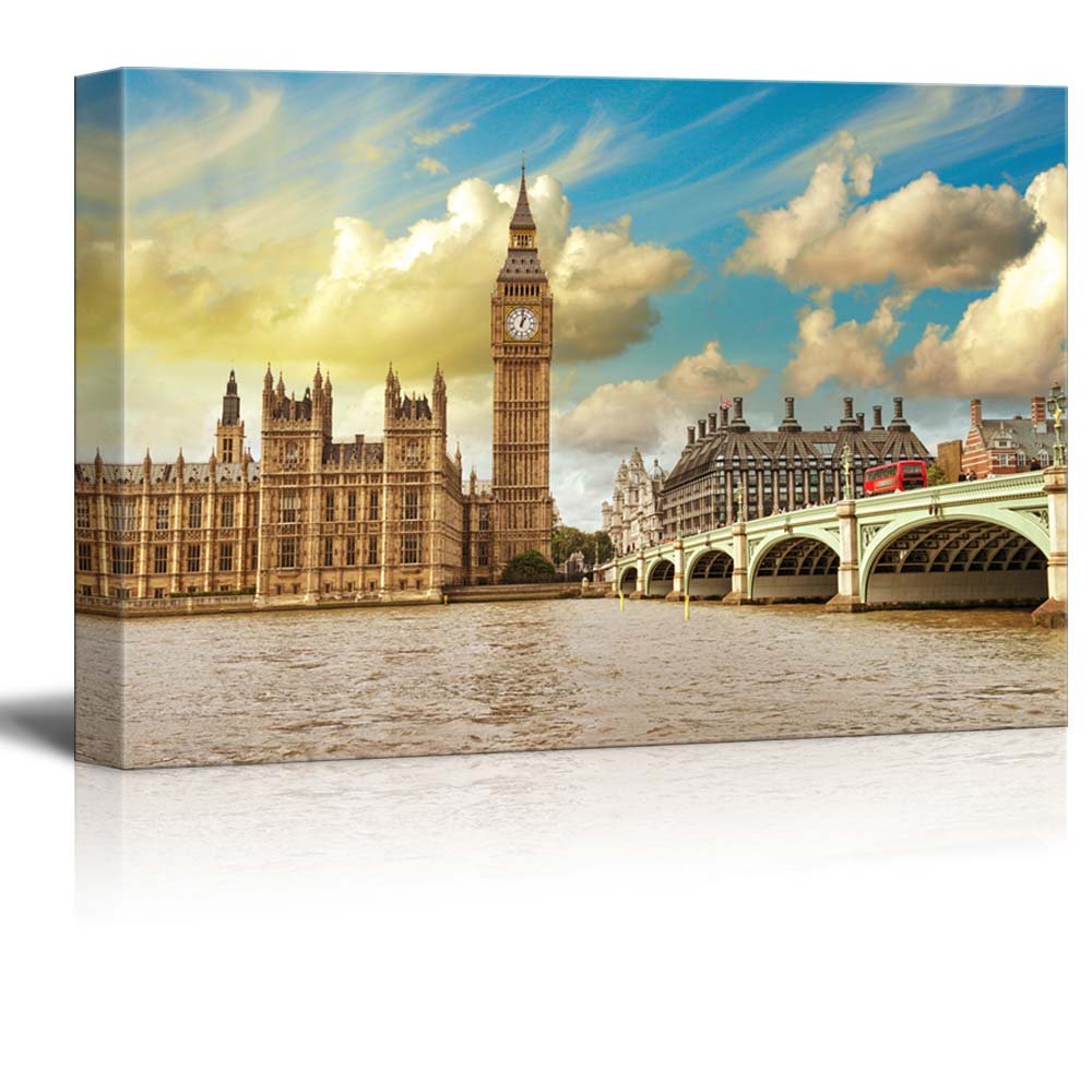 London Canvas Wall Art - Westminster Bridge & Houses of Parliament with Thames River Landscape Print - 32x48 Inch - Perfect for Living Room, Office & Home Decor