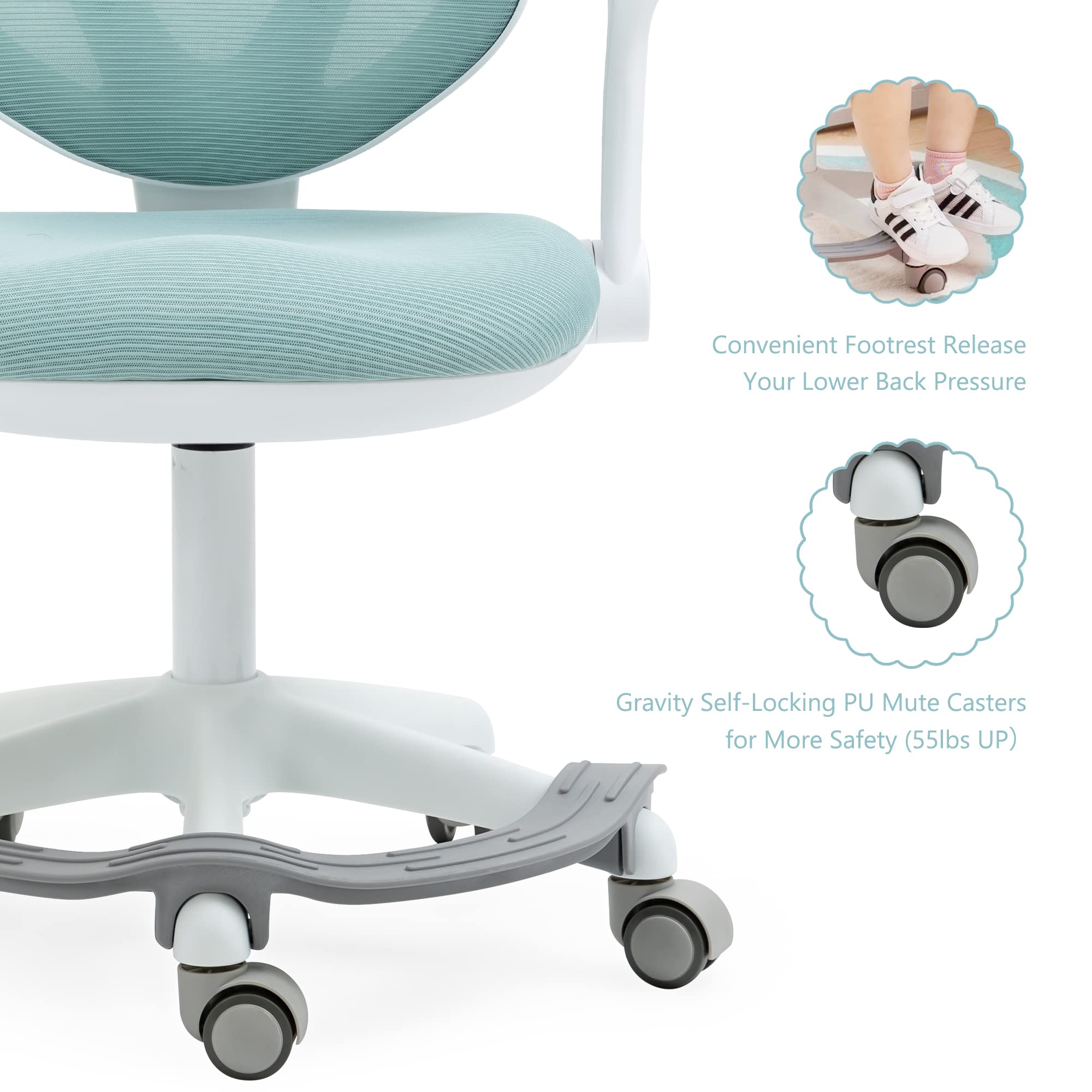 Adjustable Blue Kids Desk Chair with Armrests & Footrest - Ergonomic Study Computer Chair for Boys, Girls & Teens - Perfect for Home Office, Online Learning & Gaming