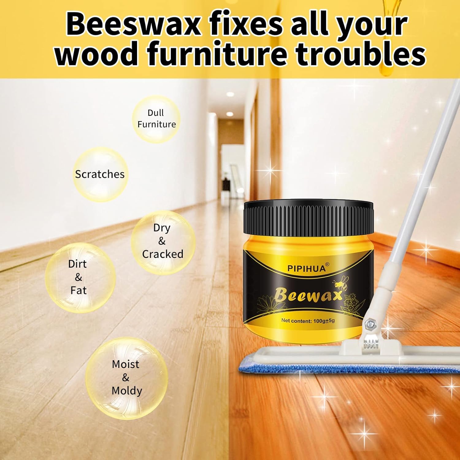 Premium Beeswax Polish & Wood Conditioner for Furniture - Natural Waterproof Wax, Scratch Repair & Protective Finish | Multipurpose Wood Cleaner & Polish Kit (2x100g + 4 Sponges) | Ideal for Tables, Cabinets, Floors & Antique Wood Restoration