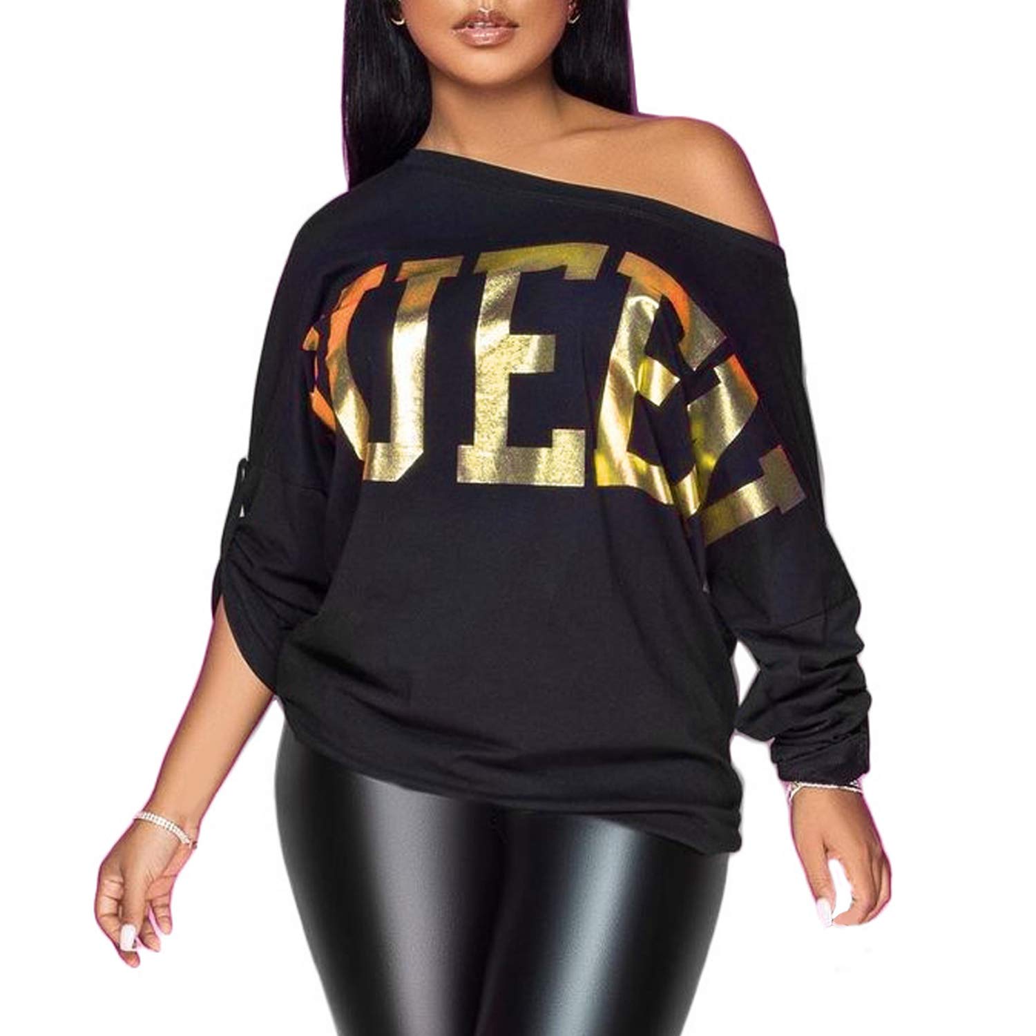 PESION Women's Off The Shoulder Tops - Sexy Shiny Metallic Long Sleeve Blouses with Fashion Graphic Print | Perfect for Date Night, Parties & Casual Outings