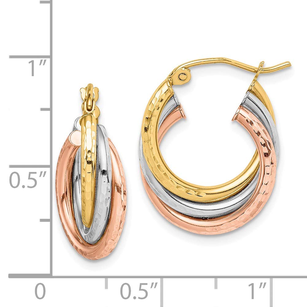 10K Yellow, White & Rose Gold Triple Hoop Earrings for Women - Diamond-Cut Design - Perfect for Parties, Weddings & Everyday Wear