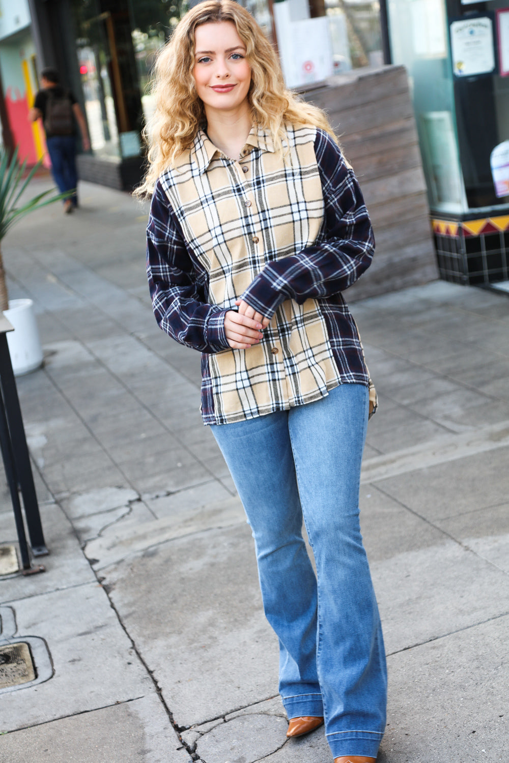 Navy & Beige Cotton Plaid Hi-Lo Shirt Top for Women - Casual Long Sleeve Tunic Blouse - Perfect for Fall Outfits, Layering and Everyday Wear