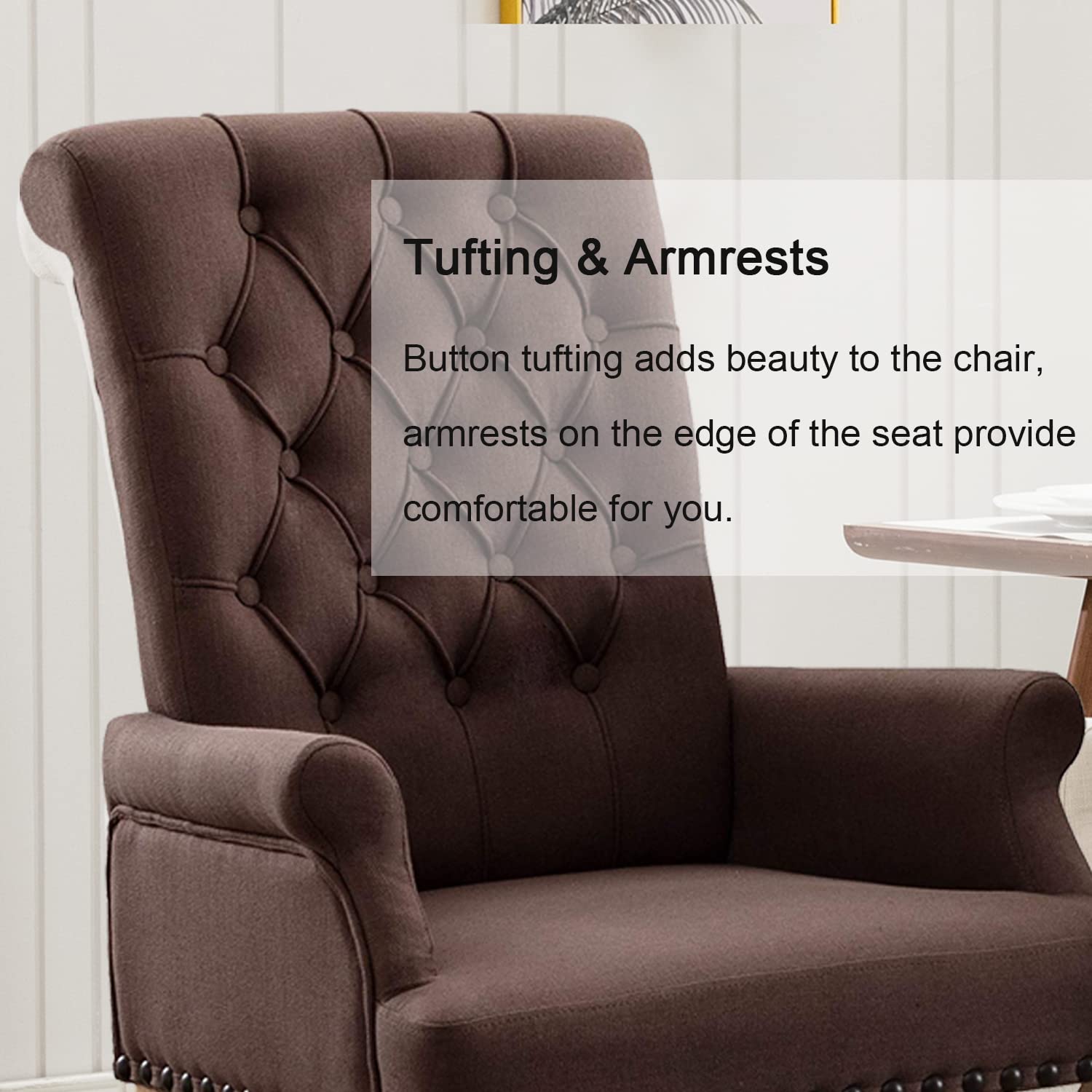 Luxury Fabric Dining Chairs - Tufted Upholstered Armrest Accent Chairs with Nailhead Trim & Solid Wood Legs for Home, Kitchen, Living Room (Brown) - Perfect for Dining Sets, Breakfast Nooks & Lounge Areas