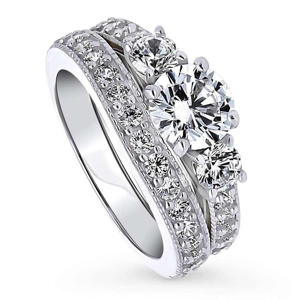 BERRICLE Sterling Silver 3-Stone Wedding & Engagement Ring Set - 1.25 Carat Round Cut Cubic Zirconia CZ for Women - Rhodium Plated Size 4-10 - Perfect for Proposals, Anniversaries & Special Occasions
