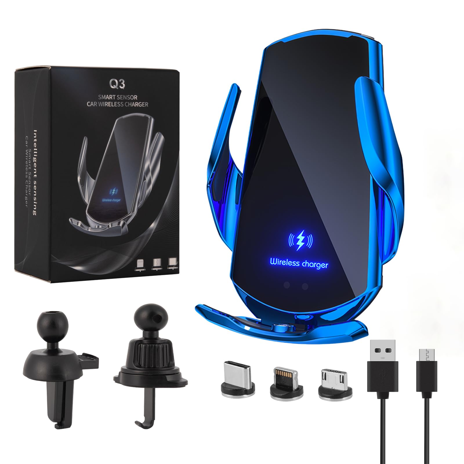 15W Fast Wireless Car Charger & Phone Mount - Auto-Clamping Air Vent Holder for Android Smartphones (Blue) | Perfect for Commuting, Road Trips & Hands-Free Driving