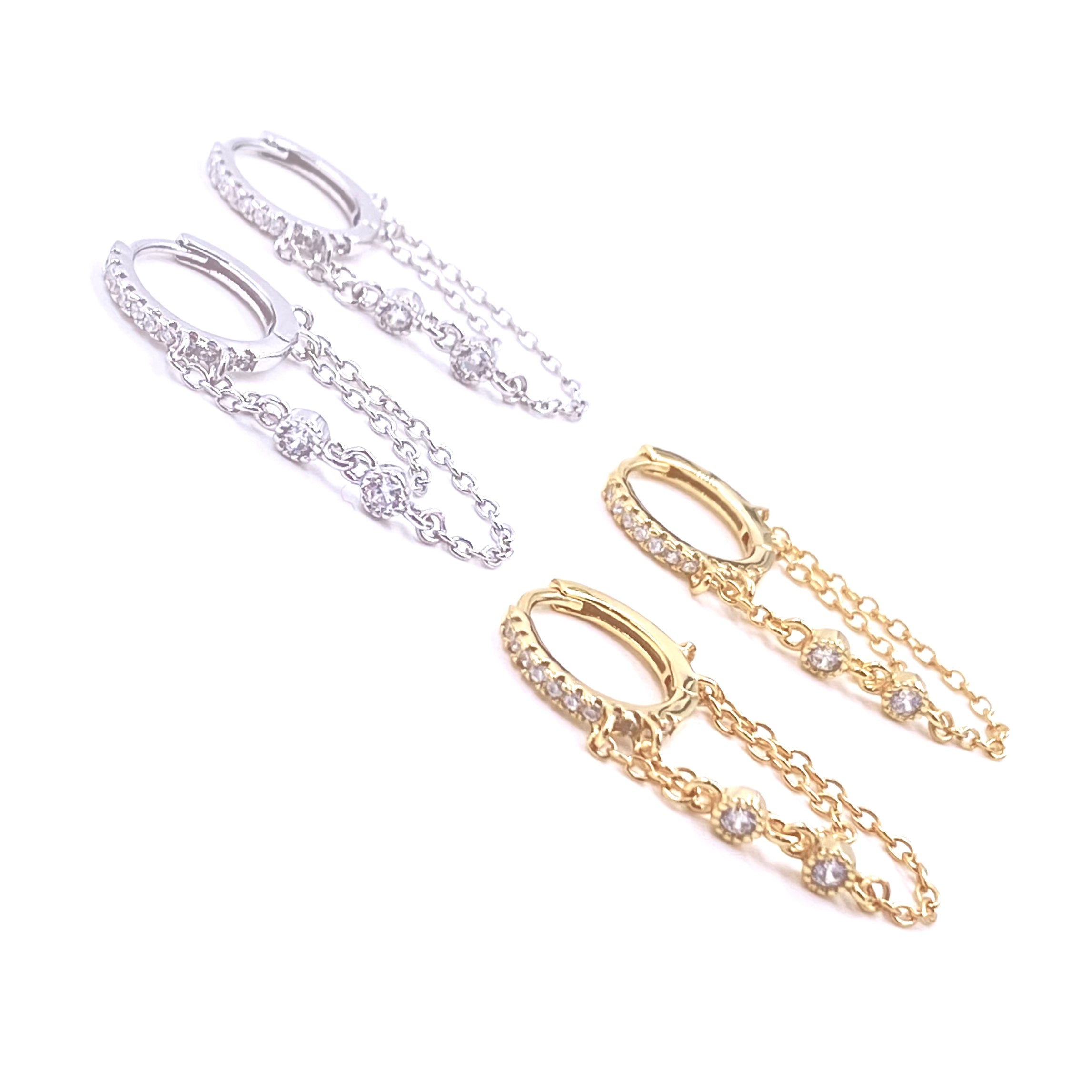 Ashley Gold Sterling Silver Double Chain CZ Hoop Earrings for Women | Elegant Cubic Zirconia Drop Earrings | Perfect for Parties, Weddings & Date Nights