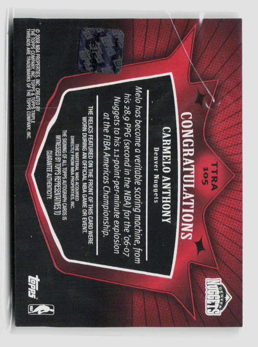 2007 Topps Triple Threads Carmelo Anthony Patch Auto 3/9 #TTRA 105 - Rare Basketball Card for Collectors & Fans - Perfect for NBA Memorabilia Displays & Sports Card Investments