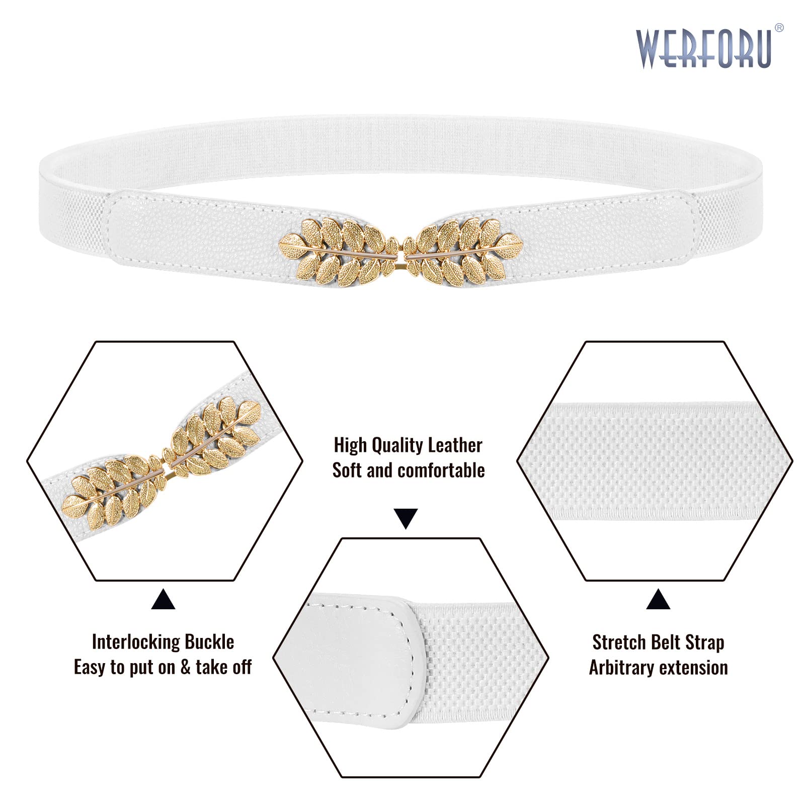 WERFORU 4 Pack Women's Stretchy Skinny Belts - Fashion Leaf Alloy Buckle Thin Waist Belt for Dresses, Pants & Jeans - Perfect for Casual, Office & Party Outfits
