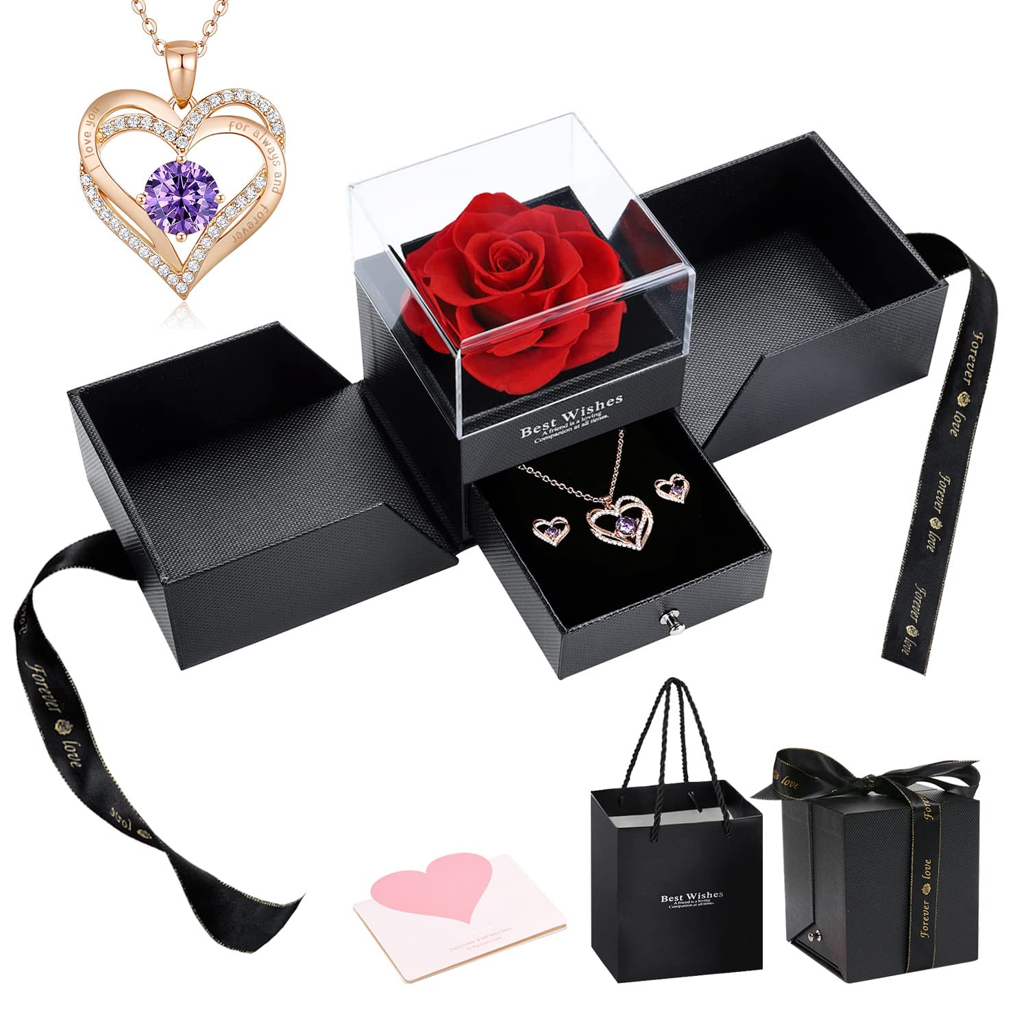 Forever Preserved Rose Love Box - Eternal Roses Necklace & Earring Set for Valentine's Day, Birthday, Anniversary - Romantic Gifts for Women - Perfect for Date Nights, Proposals & Special Occasions
