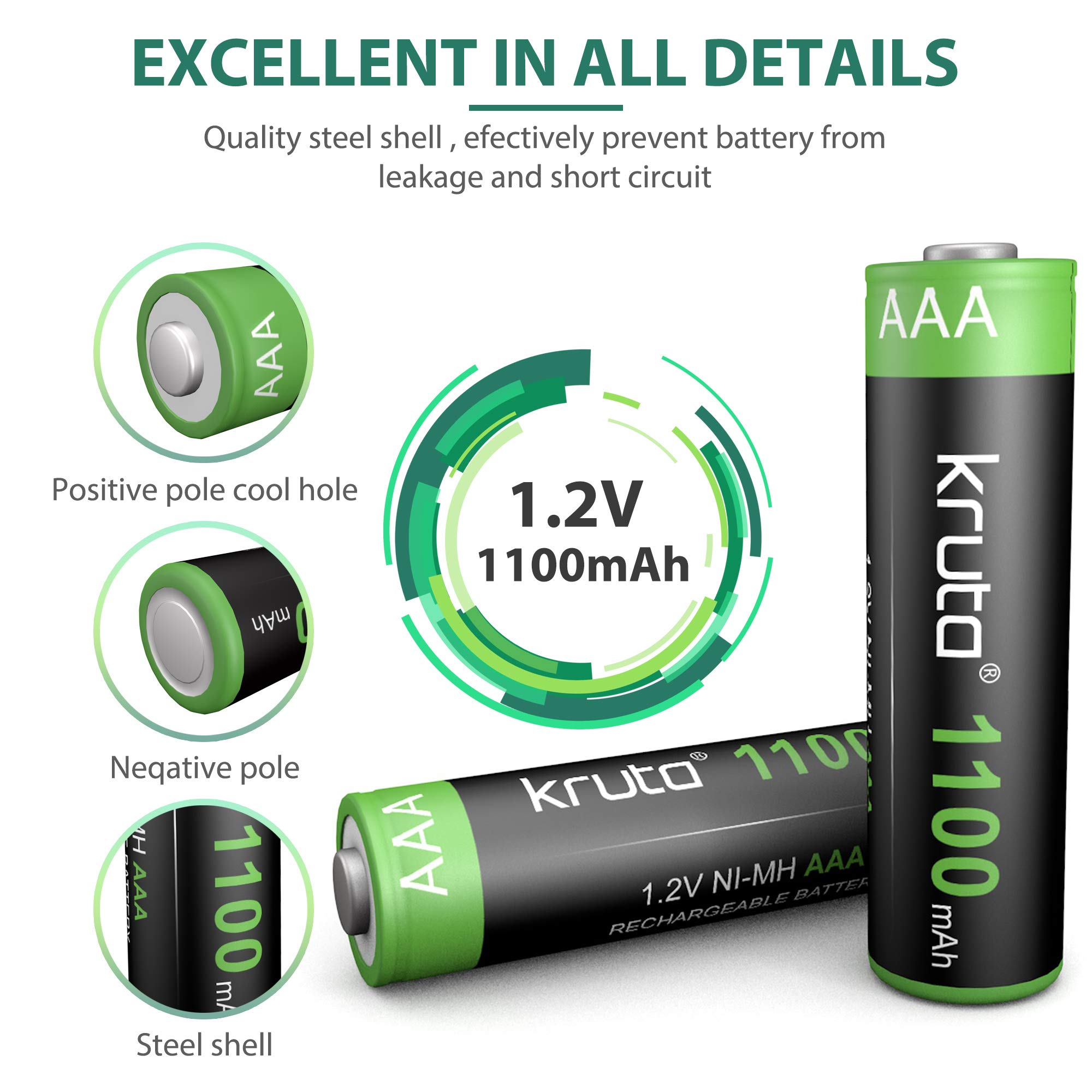 Kruta 12-Pack AAA 1100mAh 1.2V Ni-MH Rechargeable Solar Batteries - High Capacity for Outdoor Solar Lights, Battery String Lights, TV Remotes, Wireless Mice - Perfect for Garden Lighting, Holiday Decor & Home Electronics