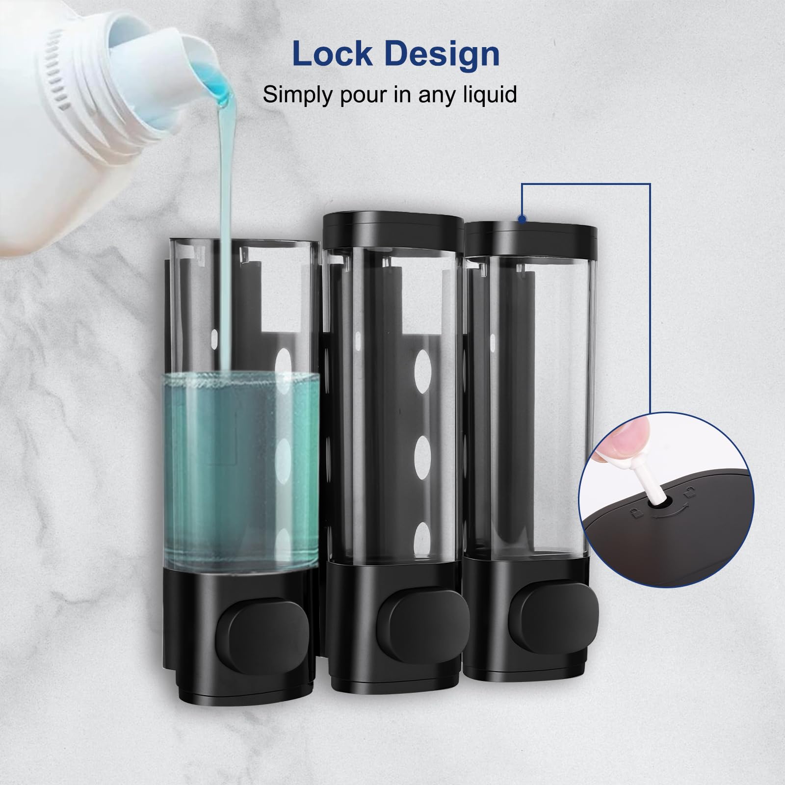 6-Piece No-Drill Shampoo and Conditioner Dispenser Set - Wall Mounted 3-Chamber Soap Dispenser for Bathroom, Kitchen & Hotel - Leakproof & Easy to Use (Black) - Perfect for Shower Organization and Space Saving in Small Bathrooms