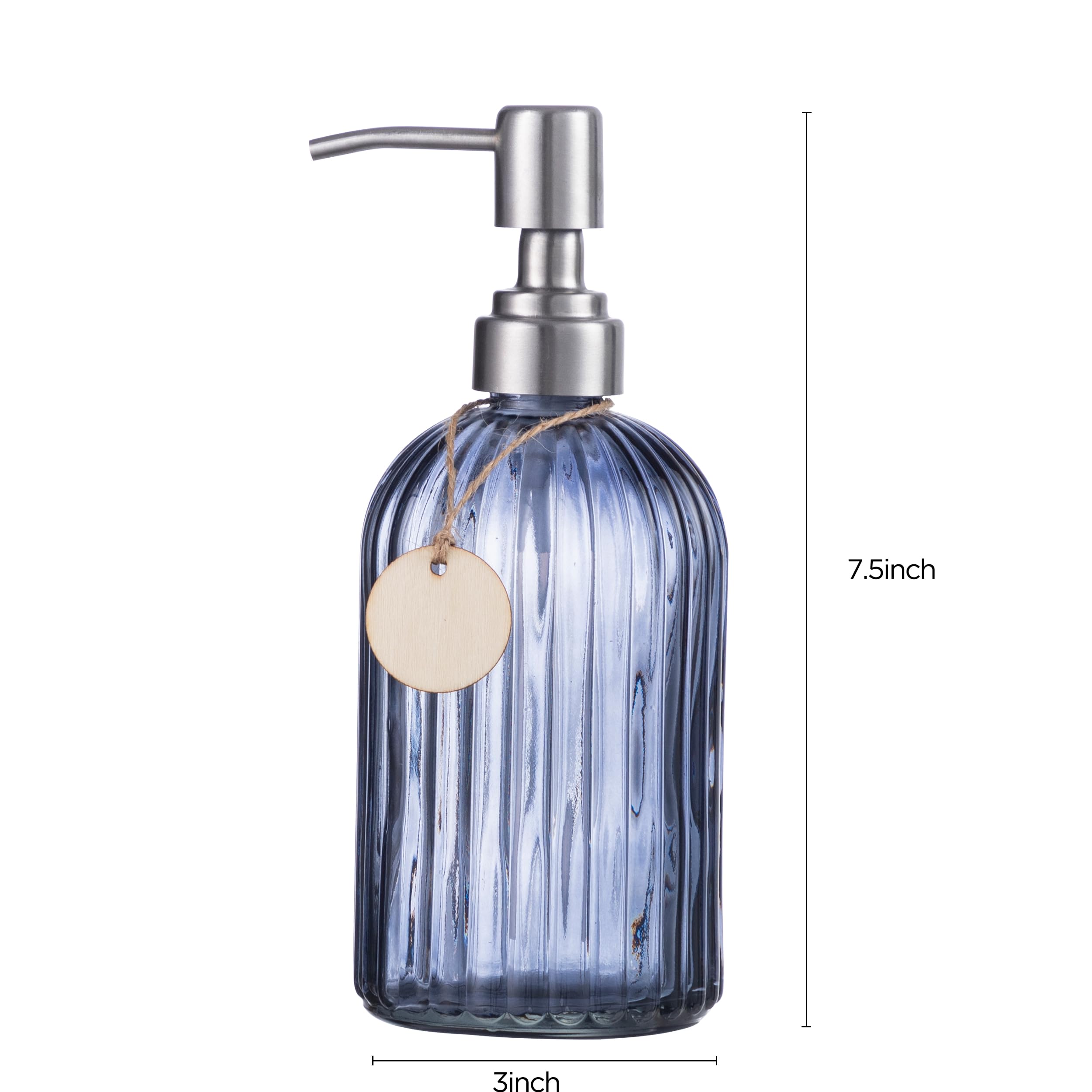 16 Oz Glass Soap Dispenser with 304 Stainless Steel Pump - Refillable Liquid Hand Soap Dispenser for Kitchen, Bathroom, Farmhouse Decor - Elegant Blue Grey Vertical Grain Design - Perfect for Home, Office, and Restaurant Use