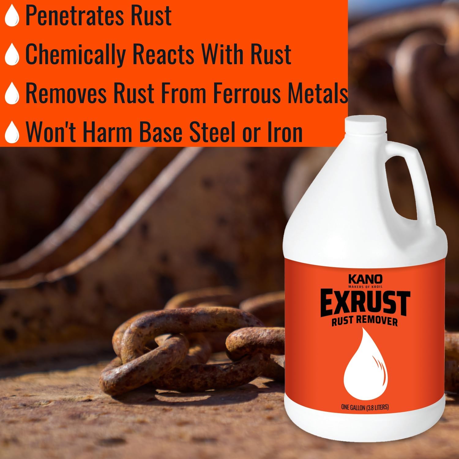 Kano Exrust Industrial Strength Rust Remover - 16oz Liquid (Pack of 4) | Fast Penetrating Rust Removal for Steel, Stainless Steel, Wrought Iron, Cast Iron & Sheet Metal | Perfect for Automotive, Car Parts & Metal Restoration Projects (AZEX161C4)