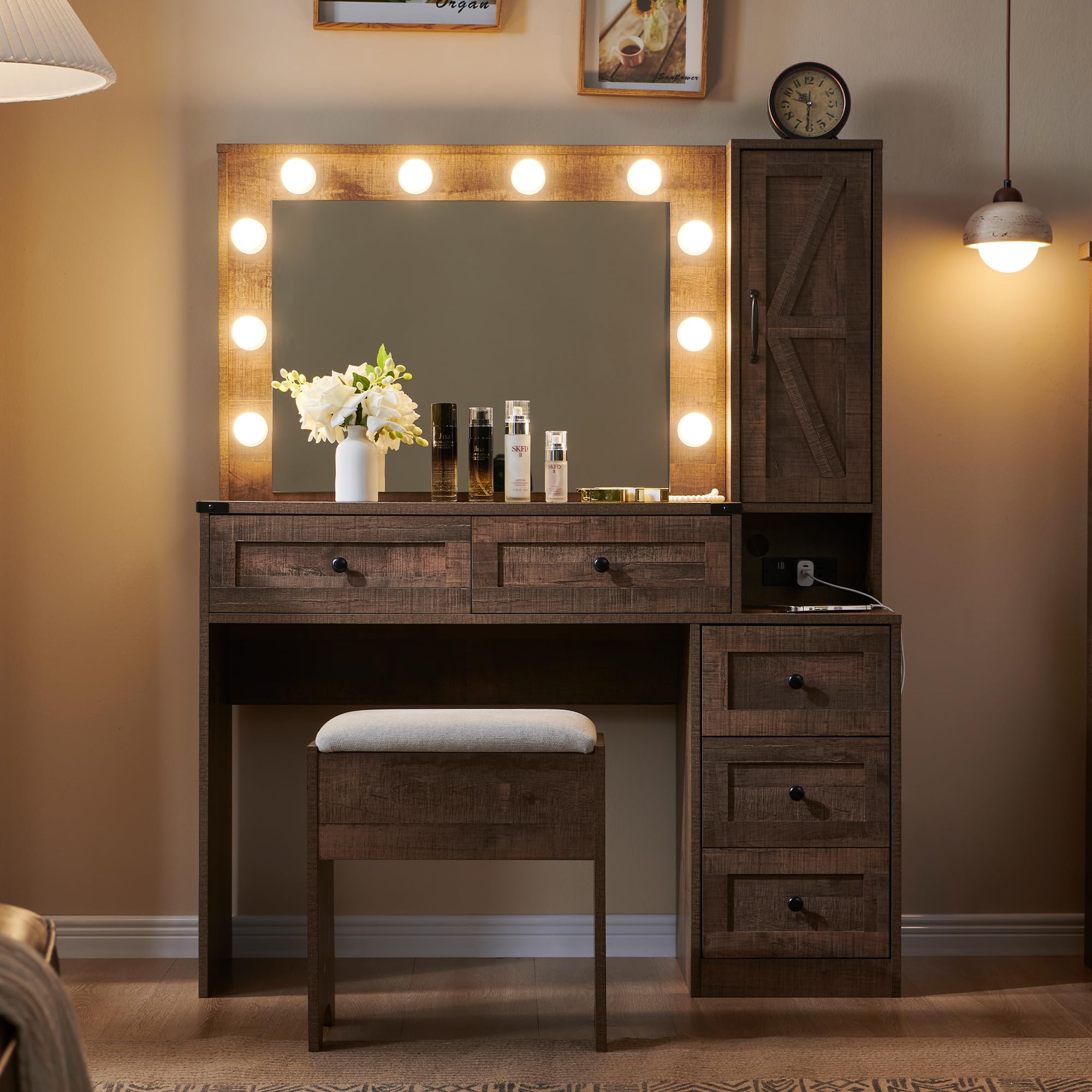 Farmhouse Vanity Makeup Desk with LED Mirror, USB Charging Station & Stool - 43