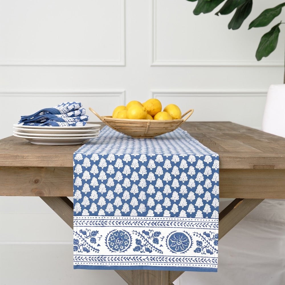 Pom Buti Denim Table Runner - Stylish Farmhouse Decor for Dining Table, Kitchen Island, Wedding & Party Centerpiece - Washable & Durable Cotton Fabric