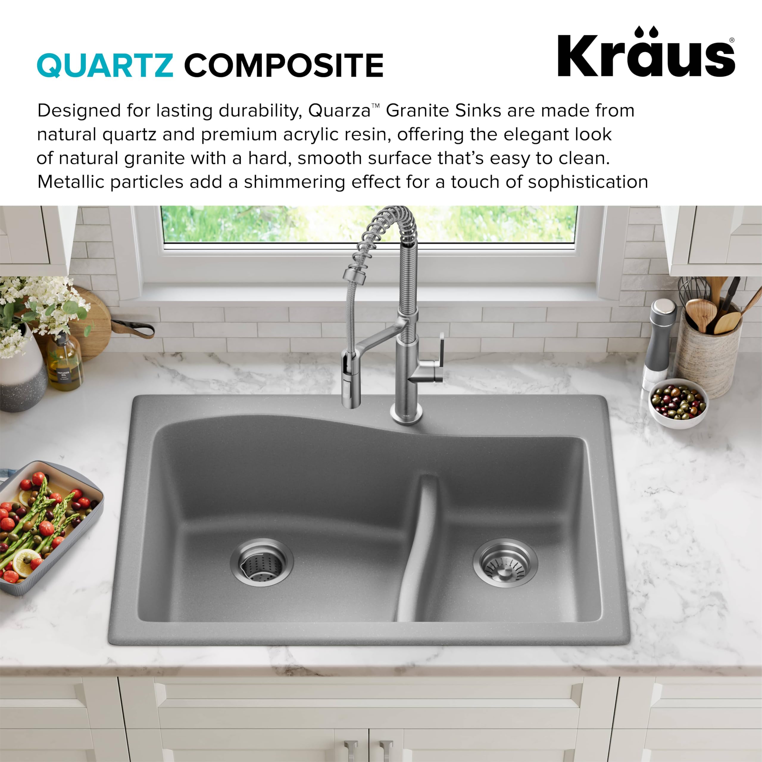 KRAUS Quarza 33-inch Drop-In/Undermount 60/40 Double Bowl Granite Composite Kitchen Sink in Gray - Durable & Stylish for Modern Kitchens, Perfect for Meal Prep and Cleanup (Model KGD-442GREY)
