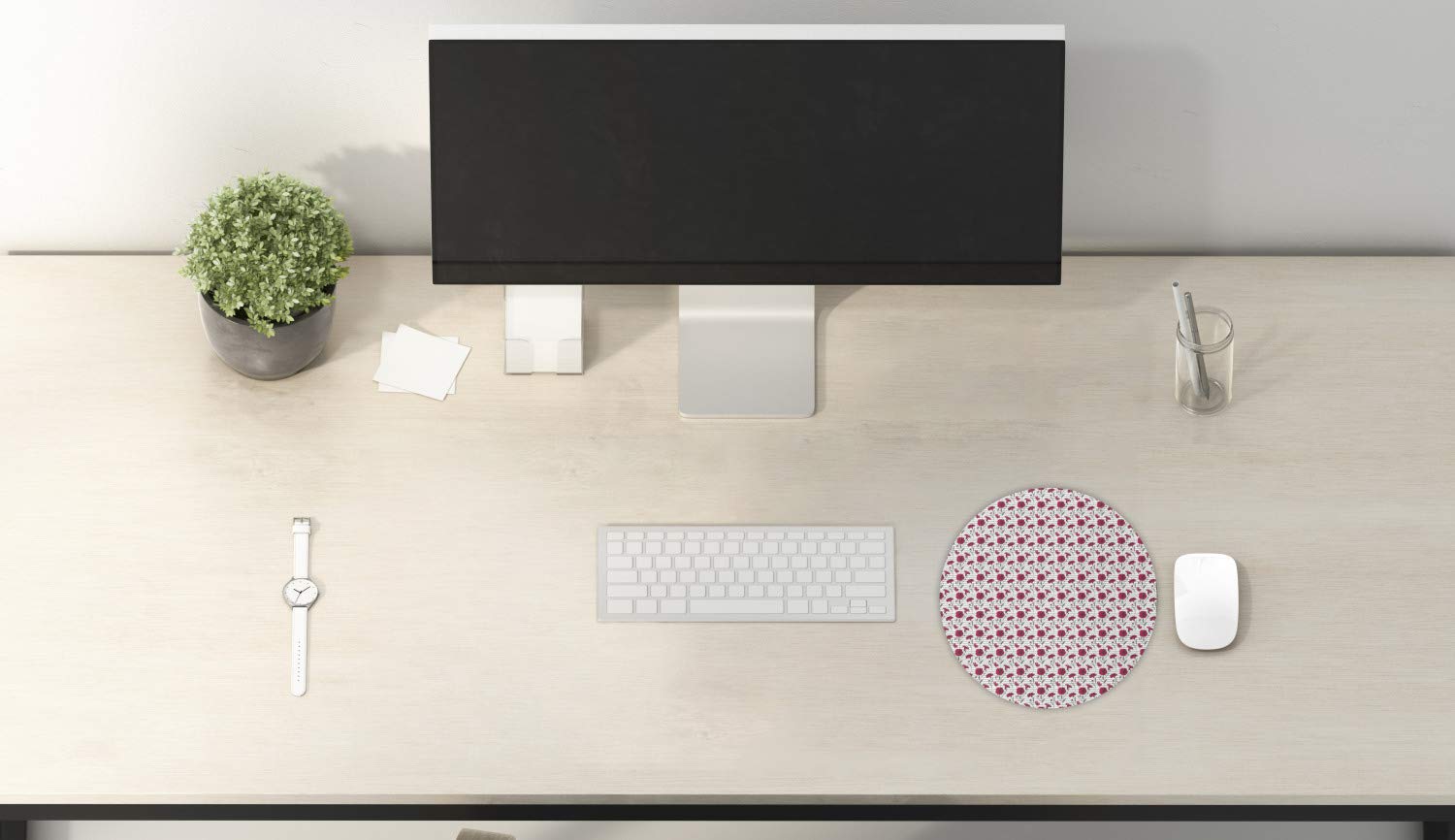 Ambesonne Floral Computer Mouse Pad - Non-Slip Round Gaming Mousepad with Poppy Flowers & Butterflies Design, 8 Inch Thick Rubber Base in Dark Coral & Olive Green - Perfect for Office, Home & Gaming Setup