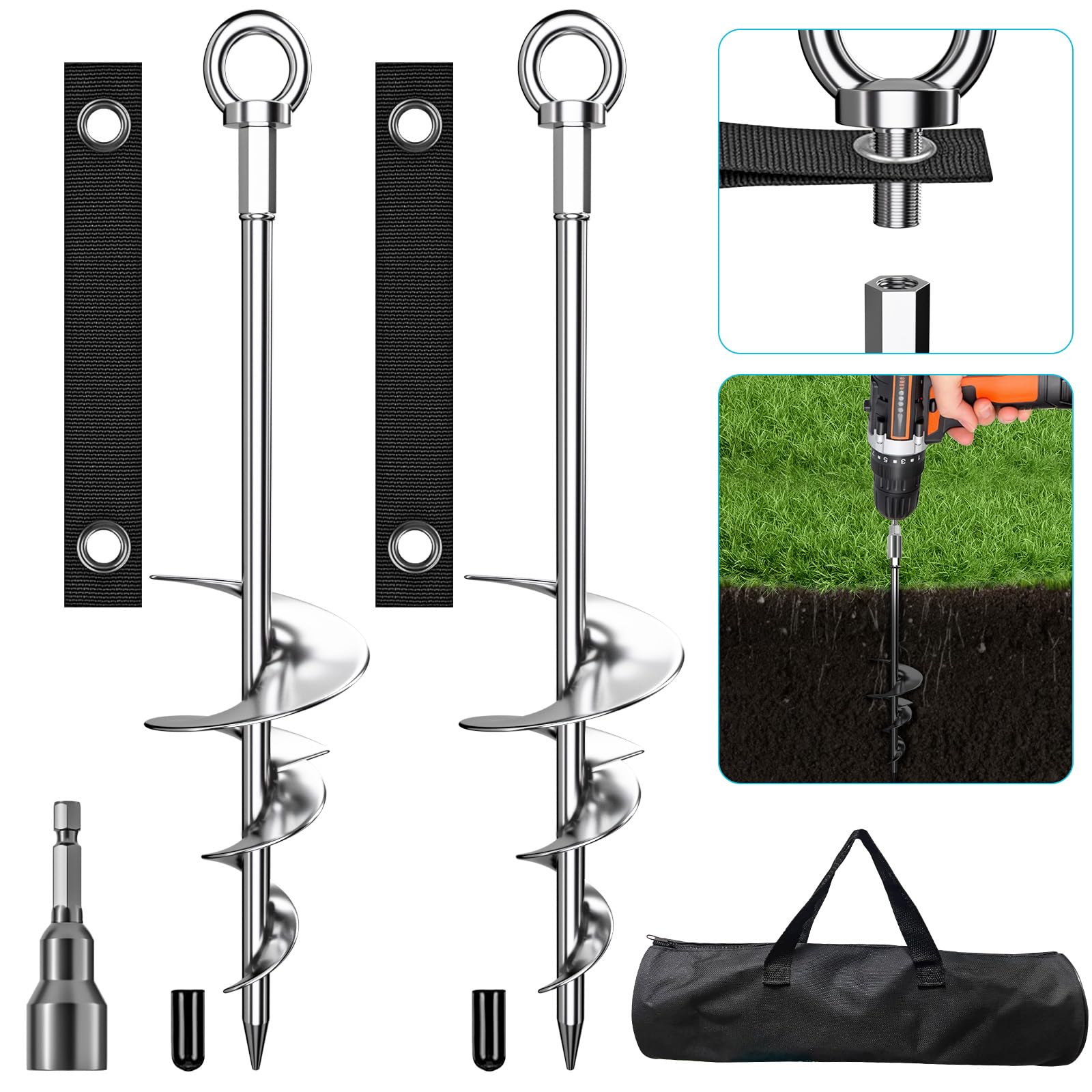 Heavy Duty 18'' Fully Welded Screw-in Ground Anchors - Chrome Plated Anti-Rust Swing Set Anchors with Straps for Dogs, Trampolines & Outdoor Equipment - Wind Resistant for Backyard, Playground & Garden Use