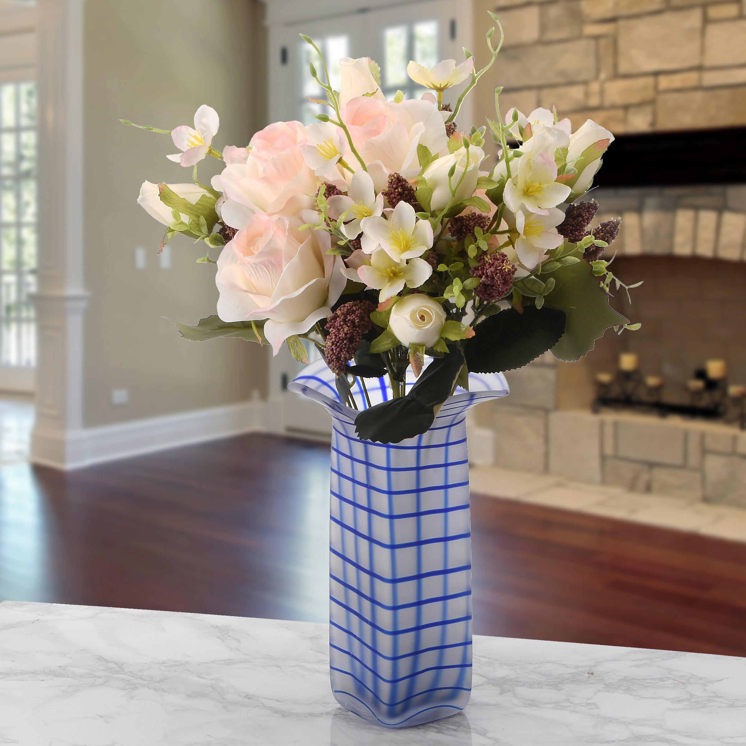 19 Inch Spring Floral Bouquet with Light Pink Roses, Seed Pods & Greenery - Perfect for Weddings, Home Decor & Gift Giving