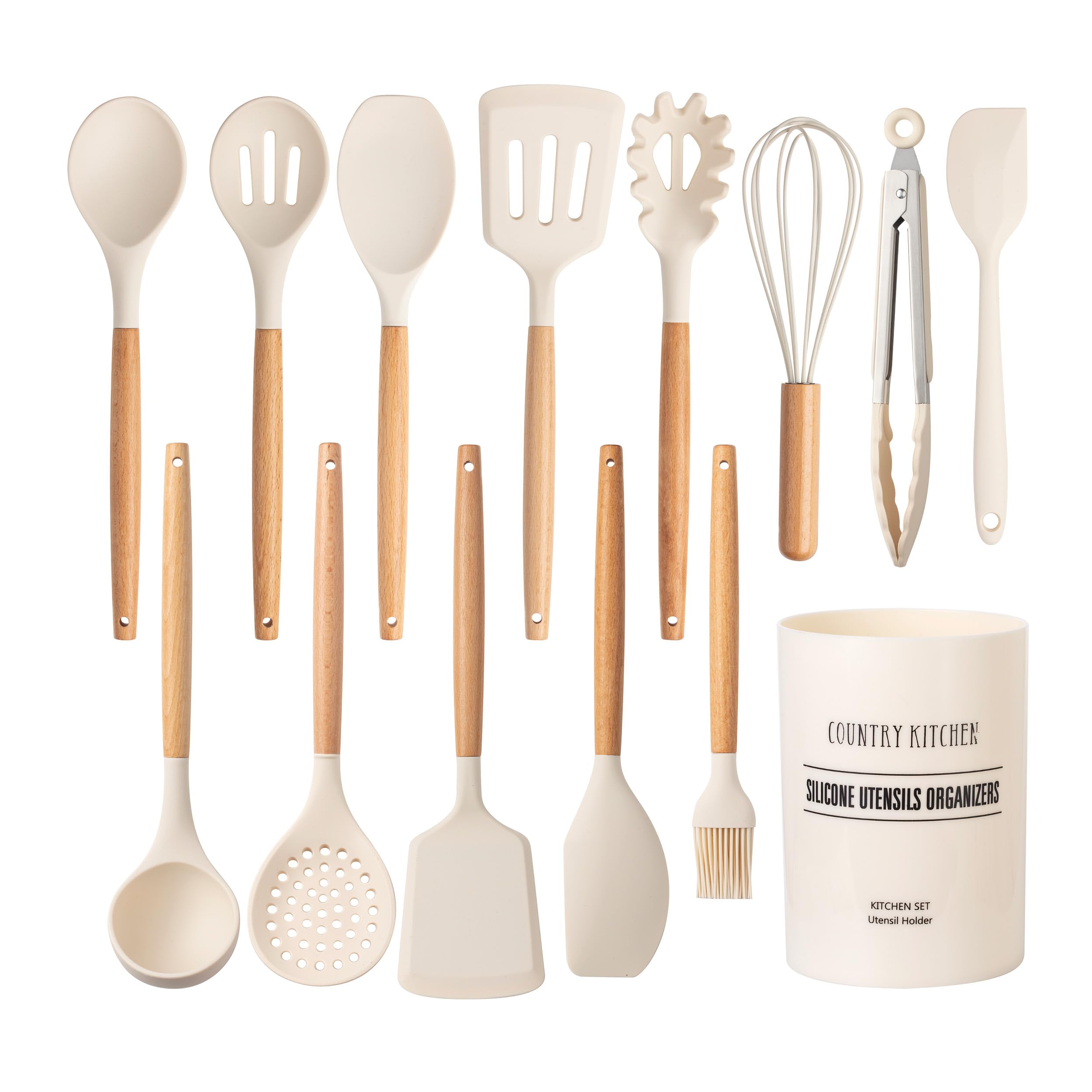 Non-Stick Silicone Cooking Utensil Set with Wood Handles - 14-Piece Kitchen Tool Set for Baking, Frying & Stirring - Country Kitchen Style in Khaki - Perfect for Everyday Cooking & Gift Giving