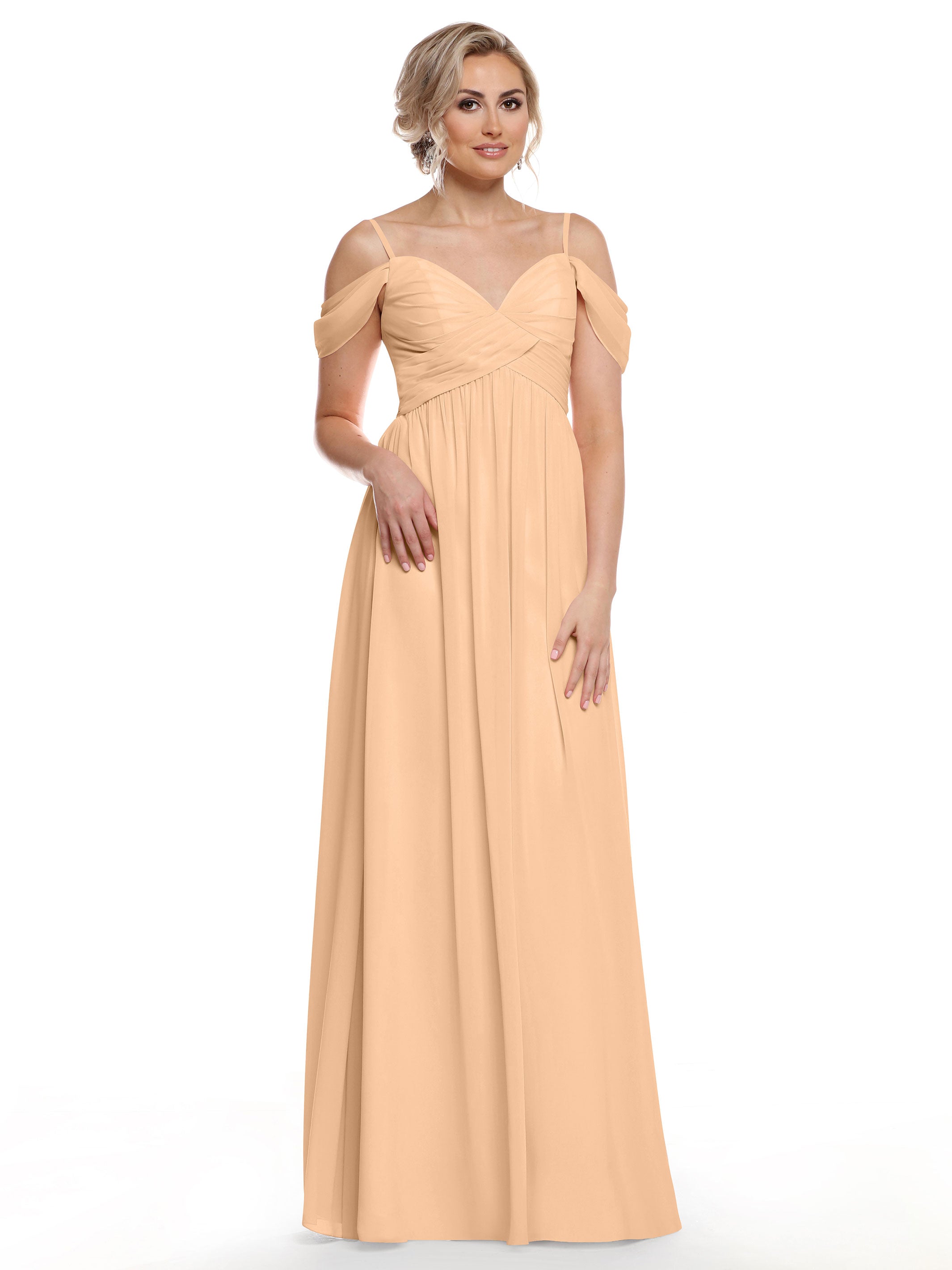 Elegant Off-the-Shoulder Chiffon Bridesmaid Dress with Spaghetti Straps - Perfect for Weddings, Formal Events & Special Occasions