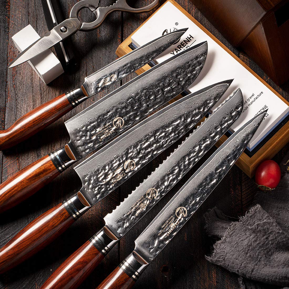 YARENH 8-Piece Professional Damascus Chef Knife Set - High Carbon Stainless Steel Blades, 73 Layers, Full Tang with Dalbergia Wood Handle & Walnut Block - Perfect for Home Cooking, Professional Kitchens & Culinary Gifts