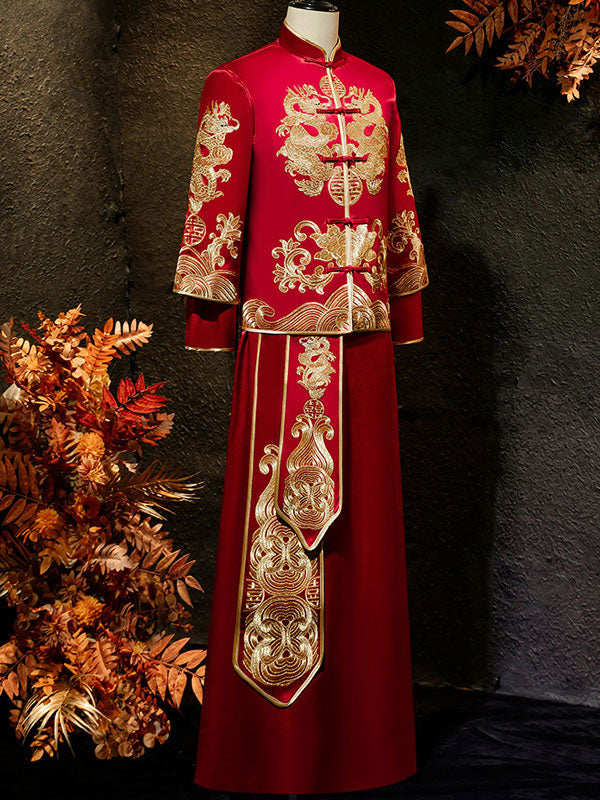 2024 Embroidered Dragon Men's Wedding Qun Kwa Jacket & Skirt Set - Traditional Chinese Groom Attire for Weddings, Ceremonies & Cultural Events