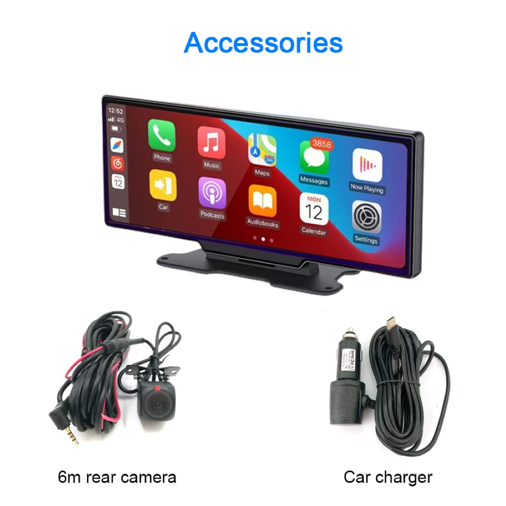 10.26 Inch Wireless CarPlay Monitor with Bluetooth & Android Auto - 2K+1080P Dual Camera Car DVR with HD Backup Display - Perfect for Safe Driving & Parking Assistance
