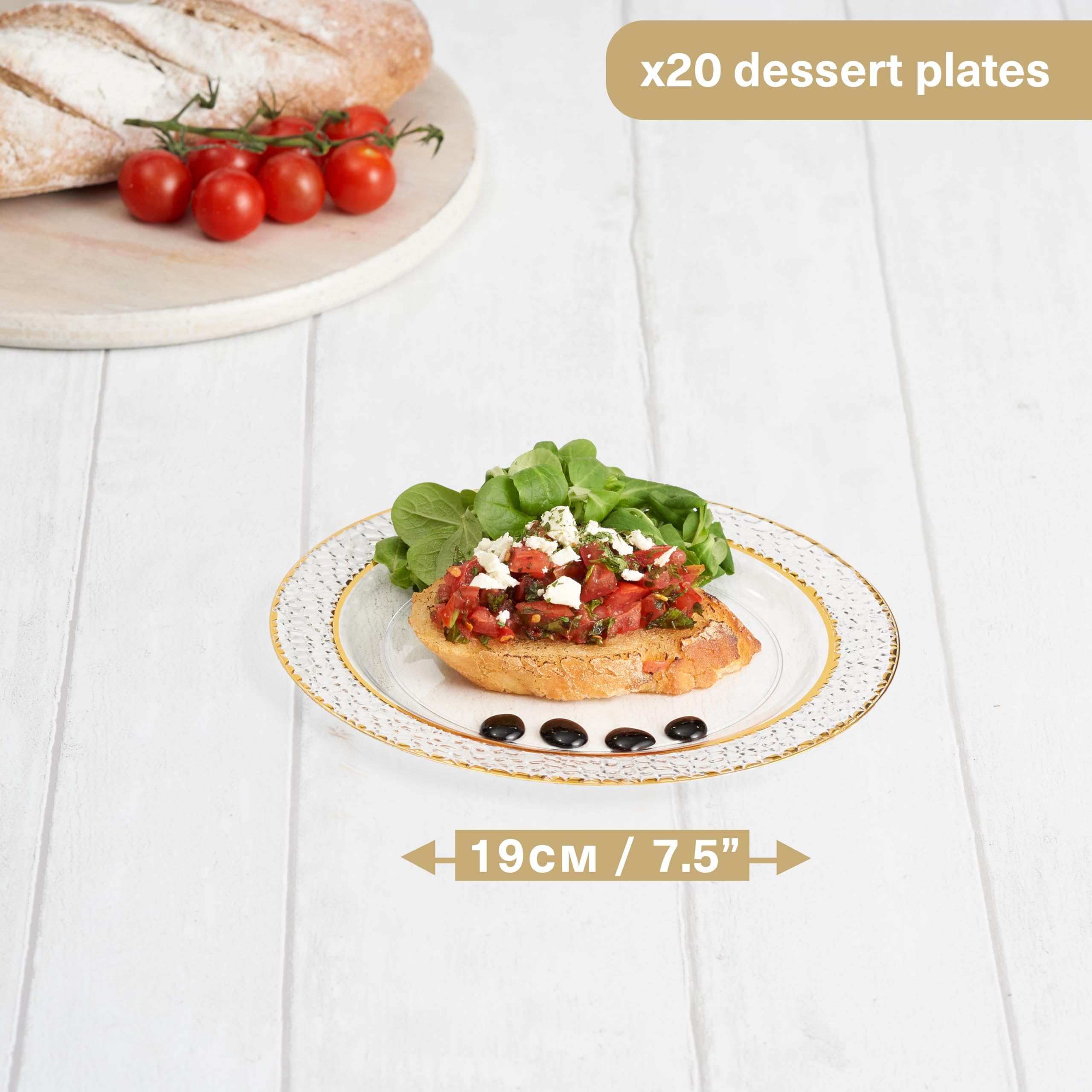 MATANA 20-Pack 7.5 Inch Clear Reusable Plastic Party Plates with Hammered Gold Rim - Heavy Duty Dinner Plates for Wedding, Bridal Shower, Birthday Party, Picnic & Special Events - Elegant Fancy Disposable Tableware for Indoor/Outdoor Entertaining