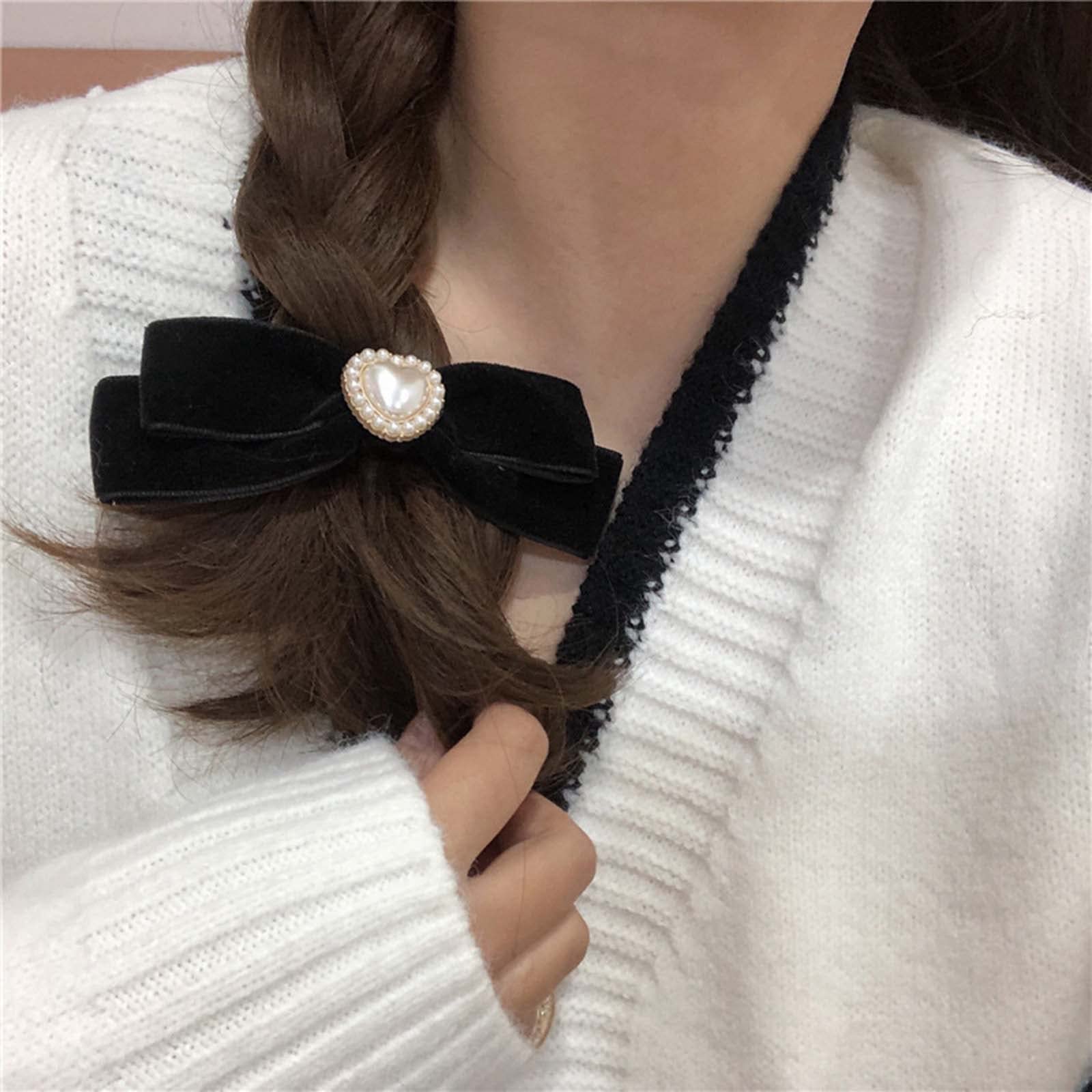 Wendalern Velvet Bow Hair Clips - Black Satin Ribbon Hair Accessories with Pearl Ponytail Holder for Women & Girls | Elegant Headpieces for Weddings, Parties, Prom & Daily Wear