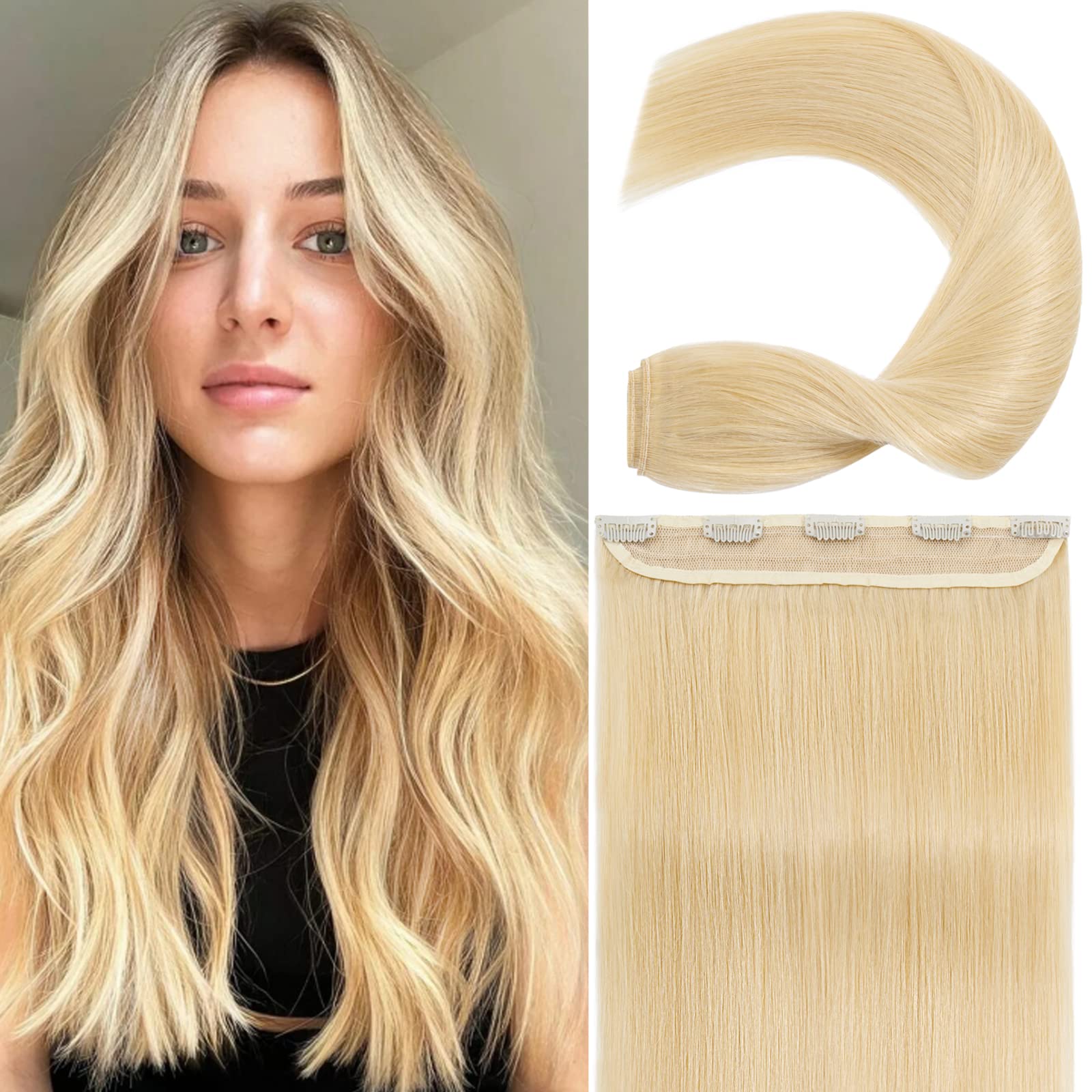 Clip-in Human Hair Extensions 16 Inch 80g - Real One Piece Hair Weft with 5 Clips (#613 Bleach Blonde) for Thicker Fuller Hair | Perfect for Daily Styling, Parties & Special Occasions