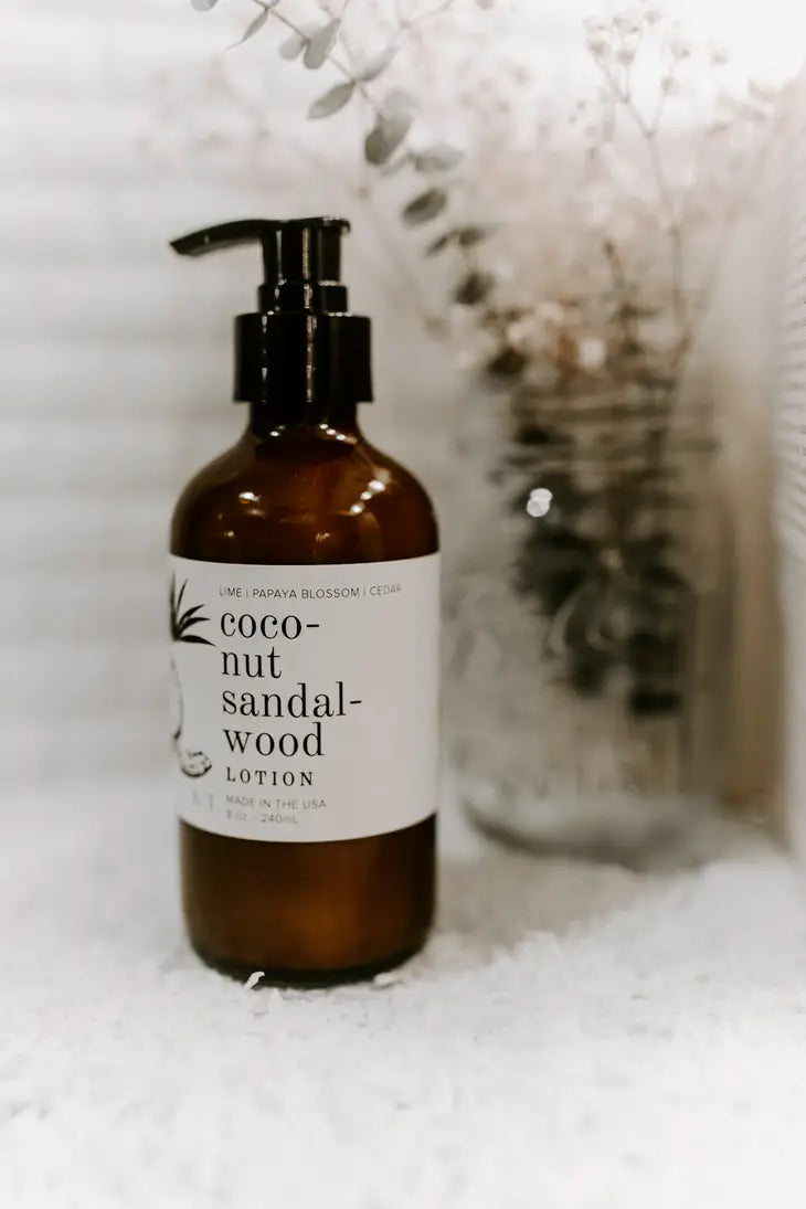 Organic Coconut Sandalwood Body Lotion 8 oz - Moisturizing & Relaxing Skin Care for Dry Skin - Perfect for Spa Days, Massage Therapy & Nighttime Relaxation