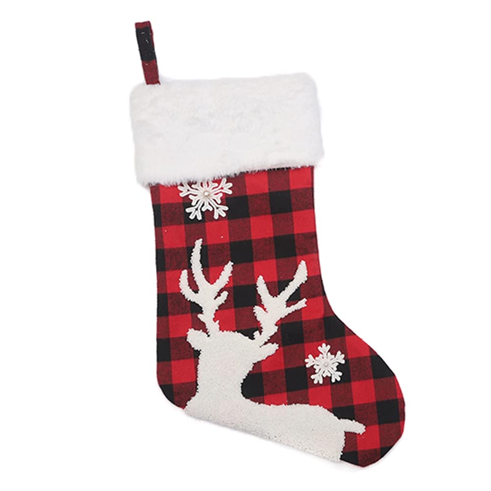 Christmas Socks with Elk and Lattice Design - Cozy Plush Candy Cane Socks with White Trim - Perfect Xmas Gift & Holiday Home Decor for Stocking Stuffers, Tree Hanging, and Festive Outfits