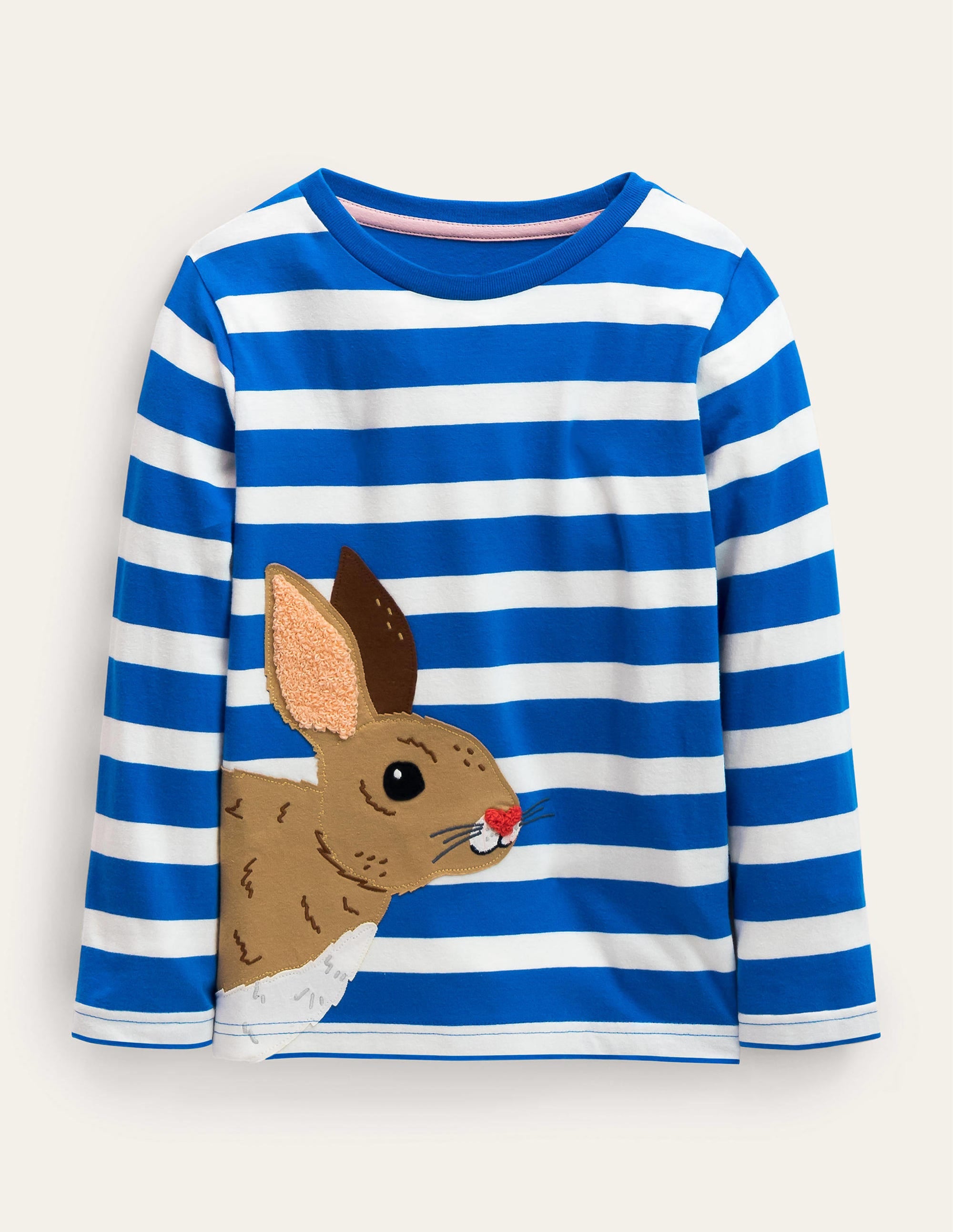 Stylish Moroccan Blue & Ivory Rabbit Appliqué Striped T-Shirt for Women - Casual Wear, Street Fashion, and Everyday Outfits