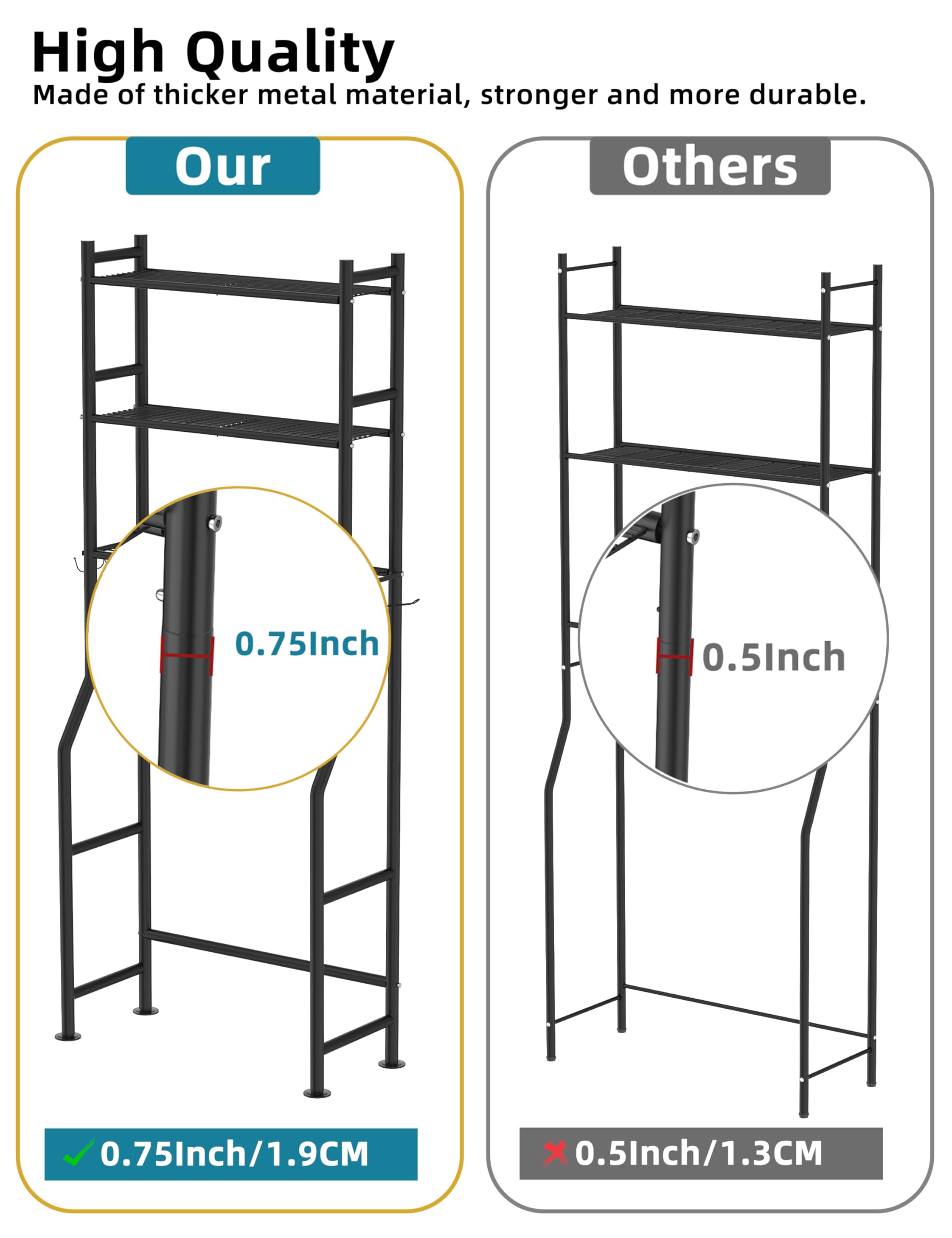 3-Tier Over The Toilet Storage Shelf - Freestanding Metal Bathroom Organizer with 4 Hooks & Paper Holder, Space-Saving Above Toilet Shelf for Towels, Toiletries & Bathroom Essentials - Perfect for Small Bathrooms & Apartments (Black)