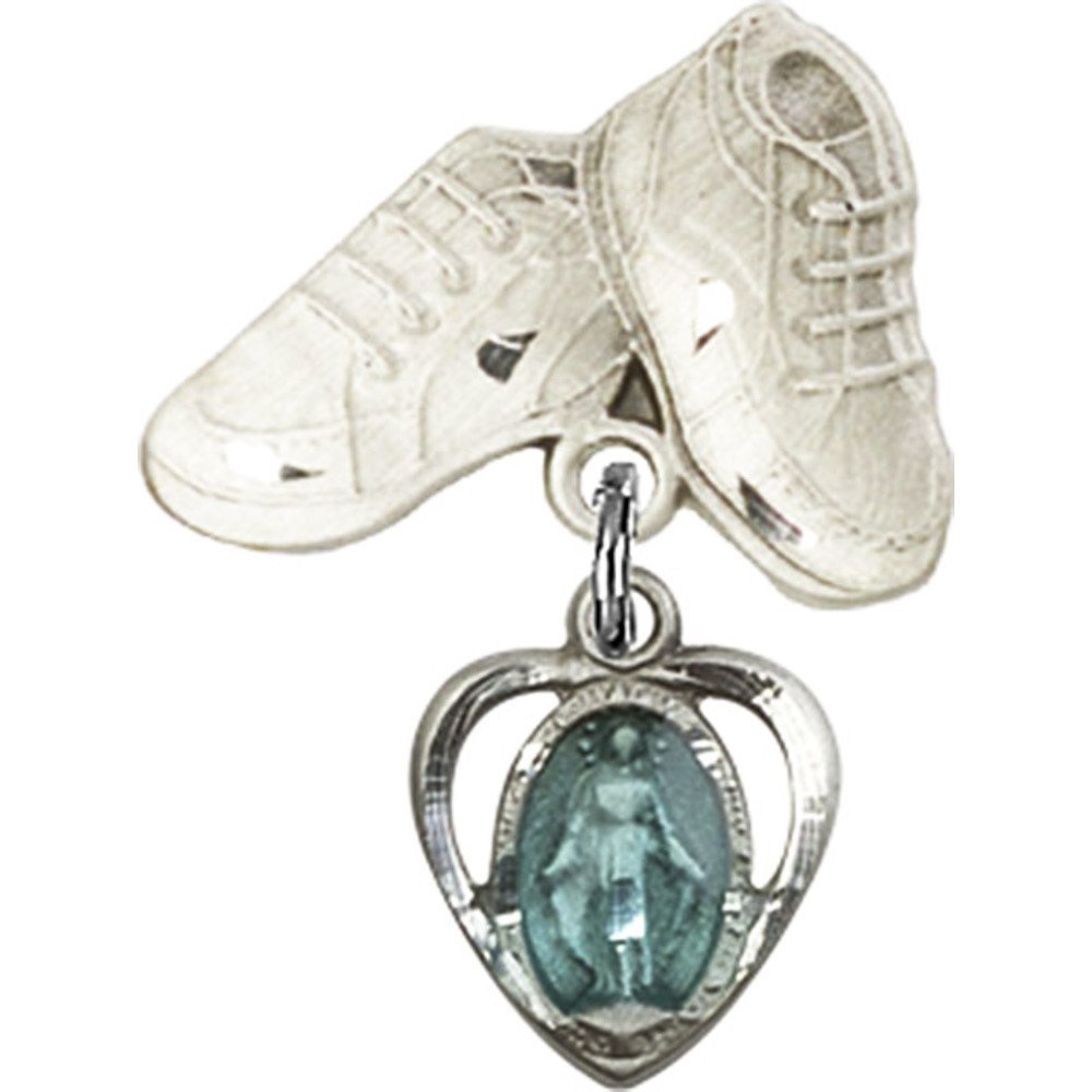 Sterling Silver Baby Badge with Blue Heart & Miraculous Charm - Baby Boots Pin 7/8
