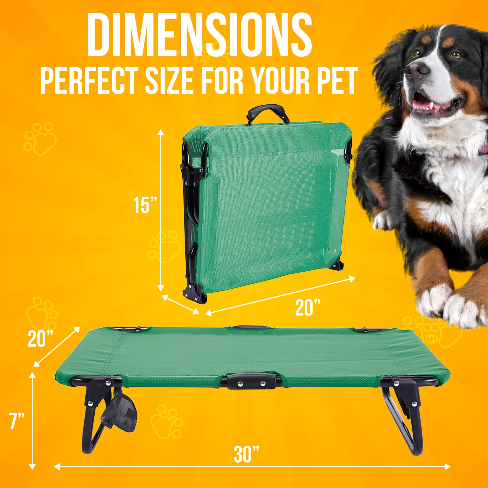 Elevated Dog Cot with Steel Frame - Foldable Raised Pet Bed for Dogs & Cats - Heavy Duty Strong Material - Bonus Storage Bag - Small 30”x20”x7” Green - Perfect for Indoor, Outdoor, Travel & Camping Use
