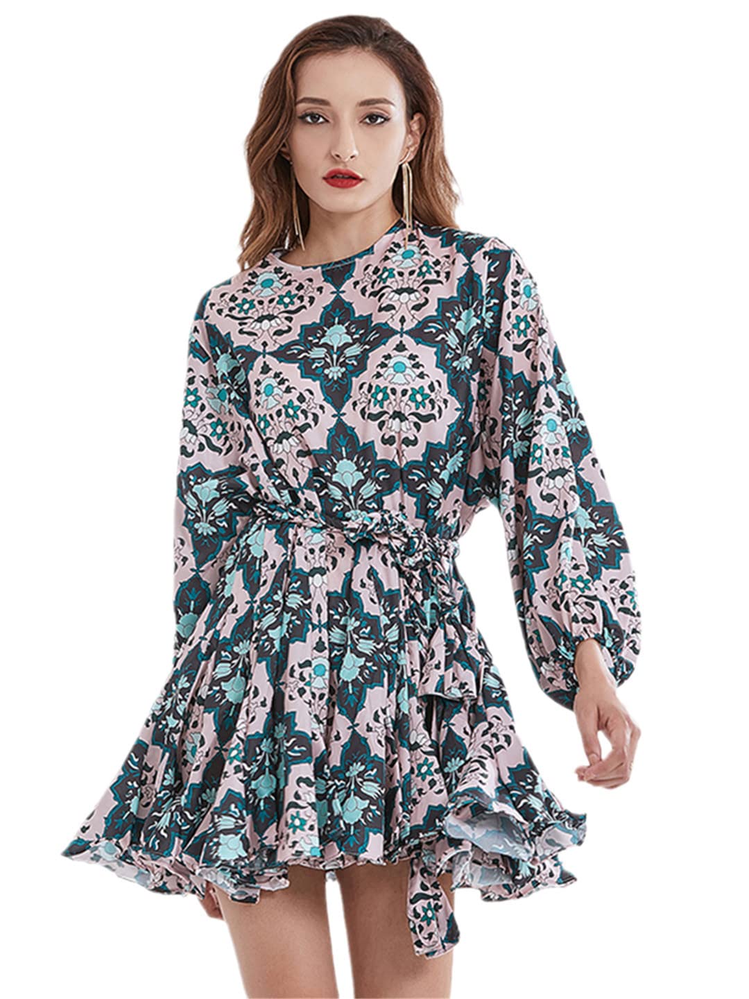 Women's Floral Print Tie Bow Dress - O Neck Balloon Sleeve High Waist Contrast Summer Dress for Party, Wedding & Date Night