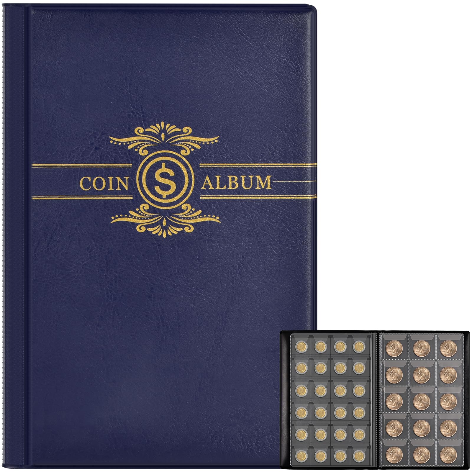 Premium Coin Collection Book Holder Album for Collectors - 300 Pockets Coin Display Storage Case with Protective Sleeves - Organizer Box for Money, Currency & Penny Collections (Dark Blue) - Perfect for Coin Collectors, Numismatic Displays & Gift Giving