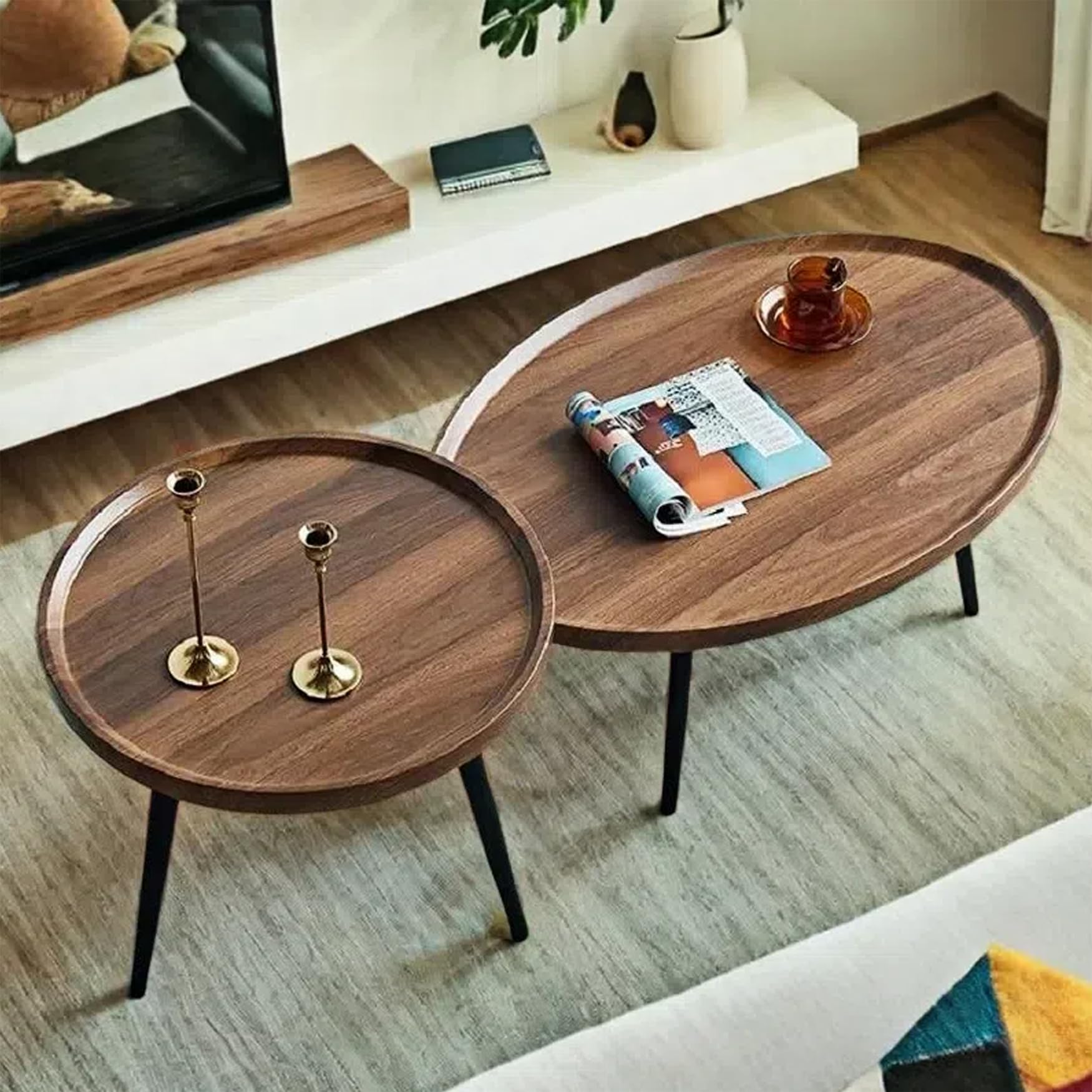 Nesting Coffee Table Set - Walnut Wood Mid Century Modern Side & End Tables for Living Room, Bedroom, Hotel | Space-Saving MCM Furniture for Small Apartments & Home Decor