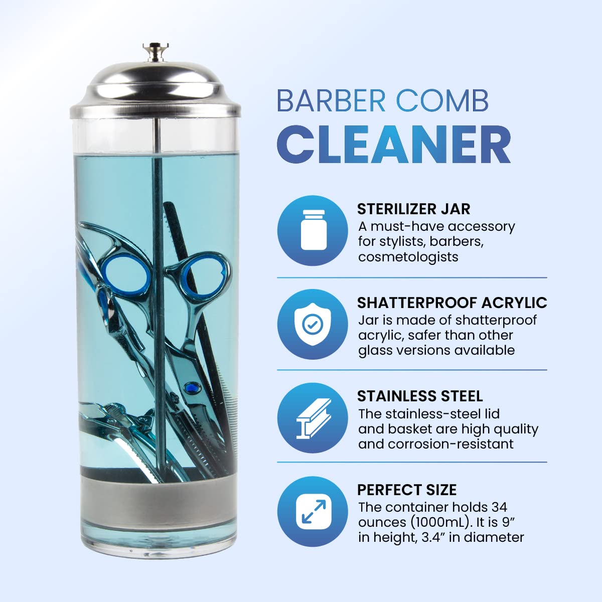 Salon Disinfectant Jar - Shatterproof Acrylic Barber Alcohol Jar for Comb Sterilization - Professional Salon & Barber Cleaning Supplies - Hygienic Tool Disinfection for Hair Salons, Barbershops & Home Use