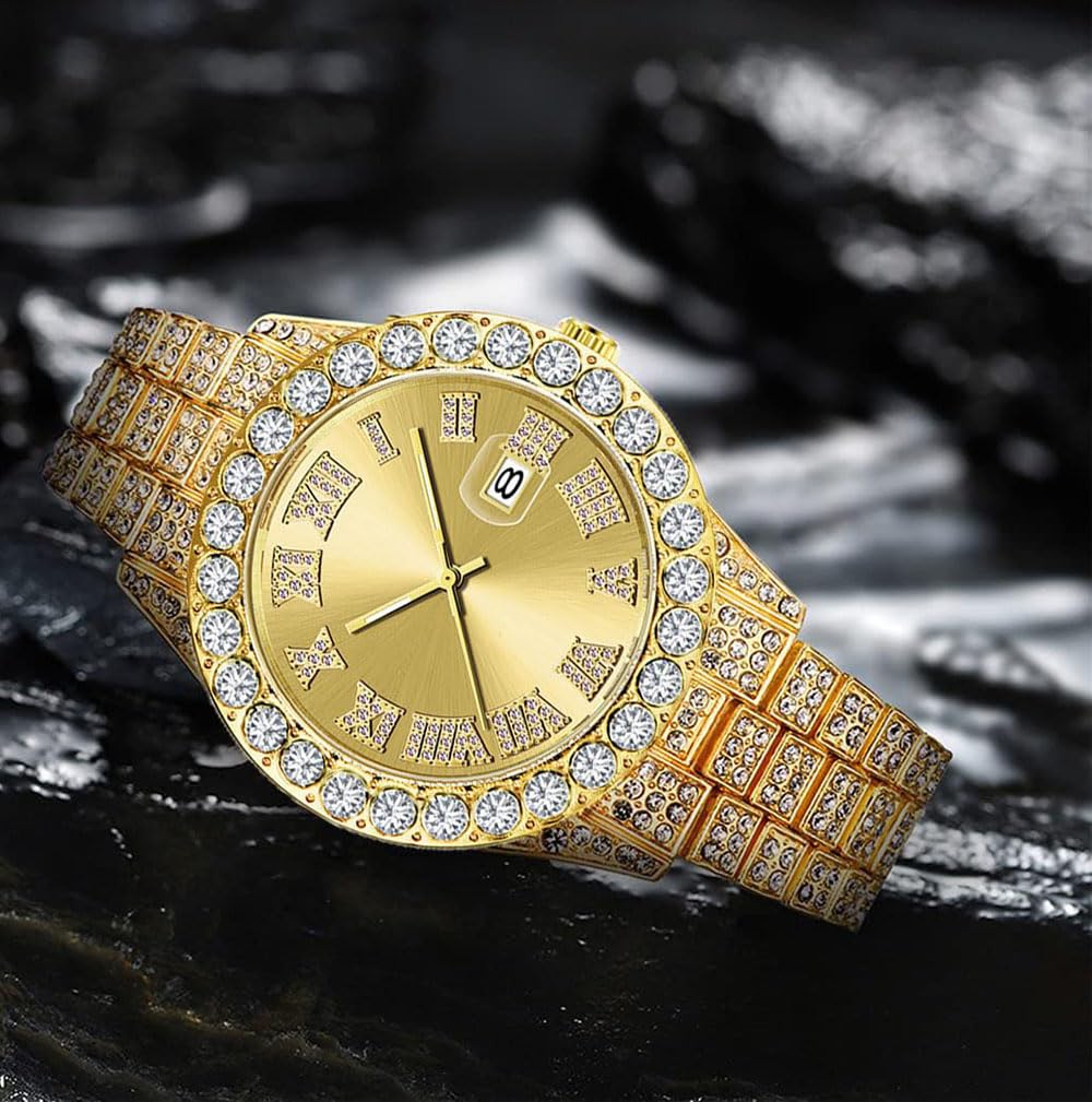 Luxury SENRUD Men's Diamond Watch - Fashion Iced-Out Crystal Rhinestone Quartz Analog Watch with Bracelet Wristband - Perfect for Parties, Weddings & Formal Events
