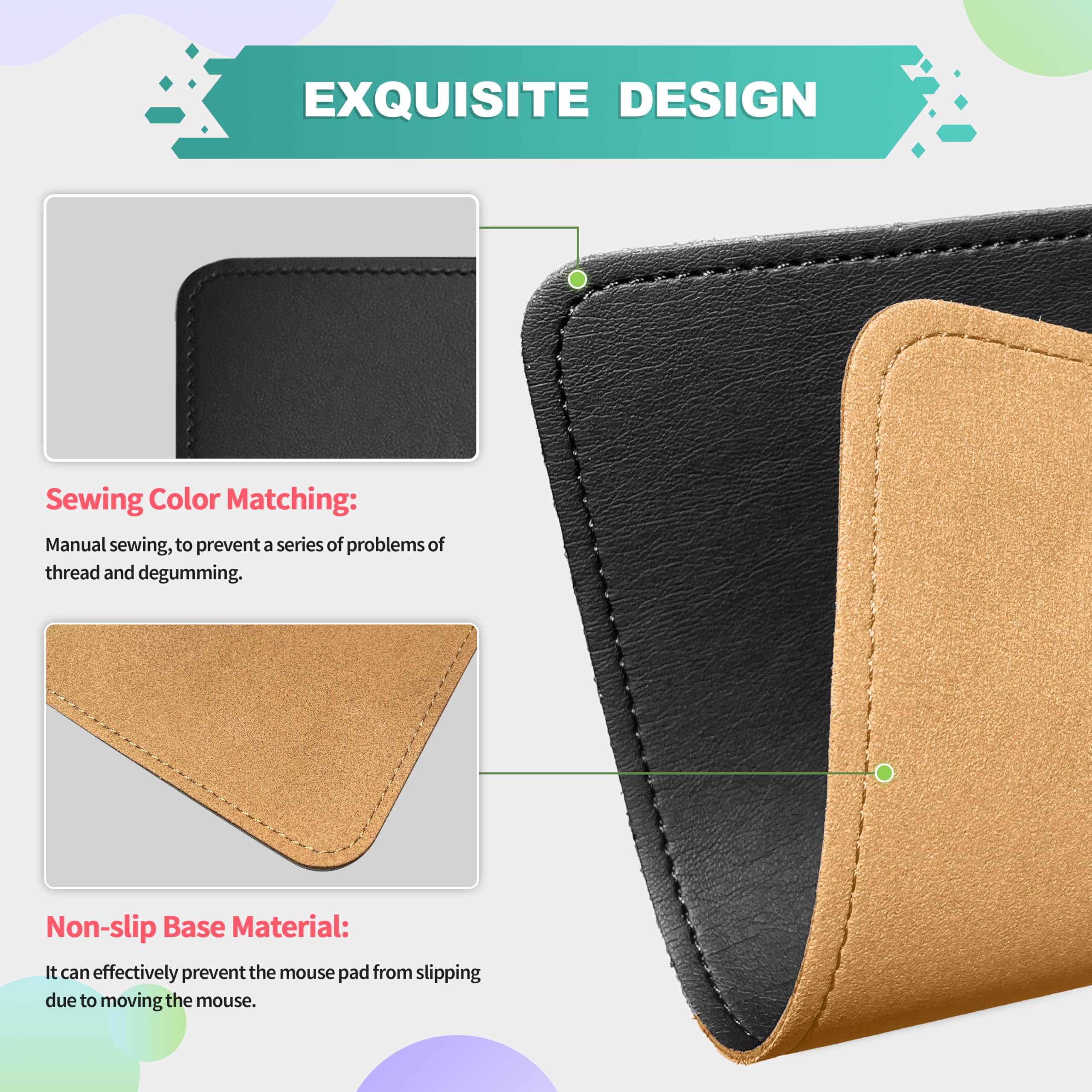 Premium PU Leather Mouse Pad with Stitched Edge & Non-Slip Microfiber Base - Waterproof Desk Mat for Computer, Laptop, Gaming (8x11 Inch, Black) - Perfect for Office, Home & Gaming Setup